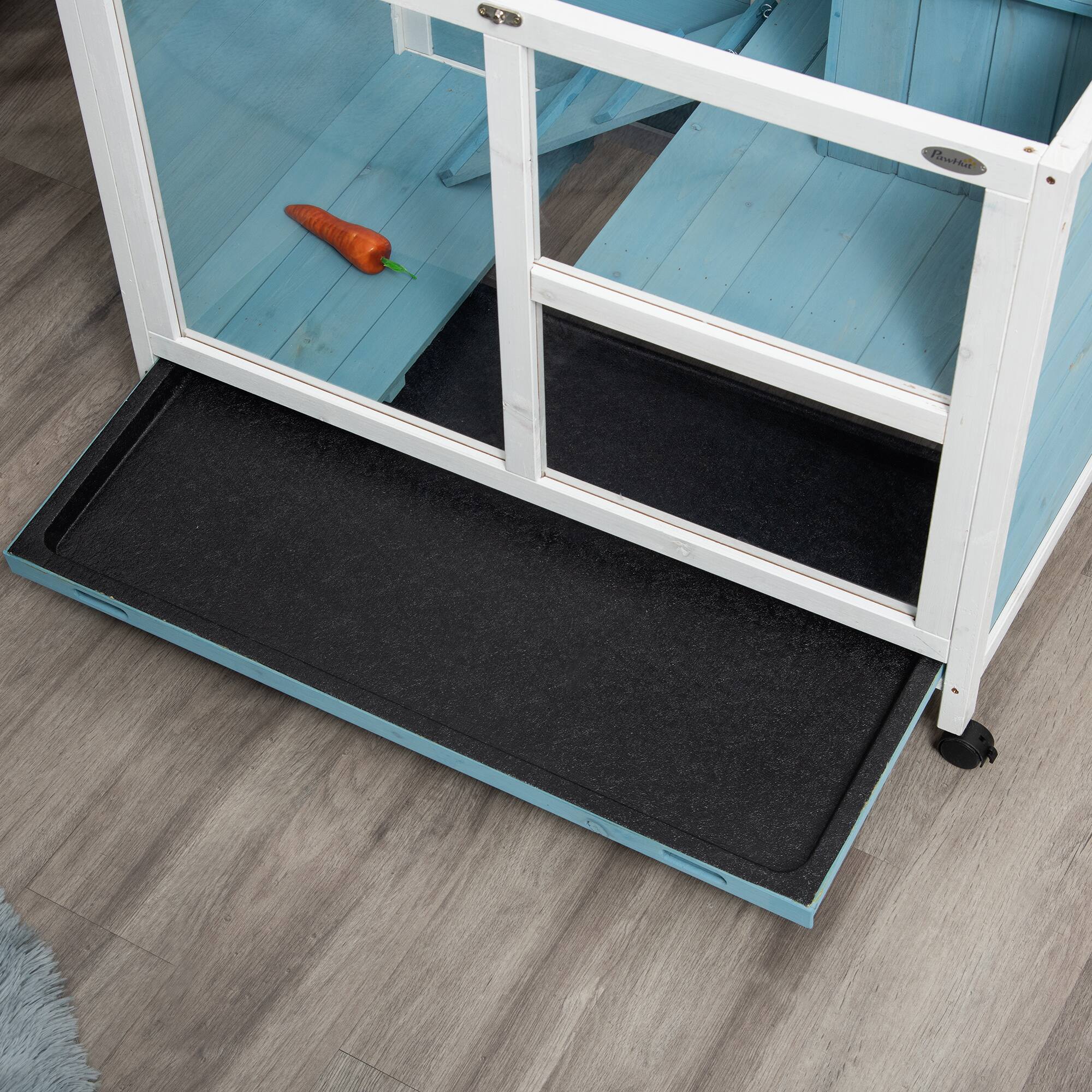 Alt View 4. Pawhut - Rabbit Hutch with Wheels, Desk and Side Table Sized, Wooden, Waterproof, Removable Tray, Openable Roof.