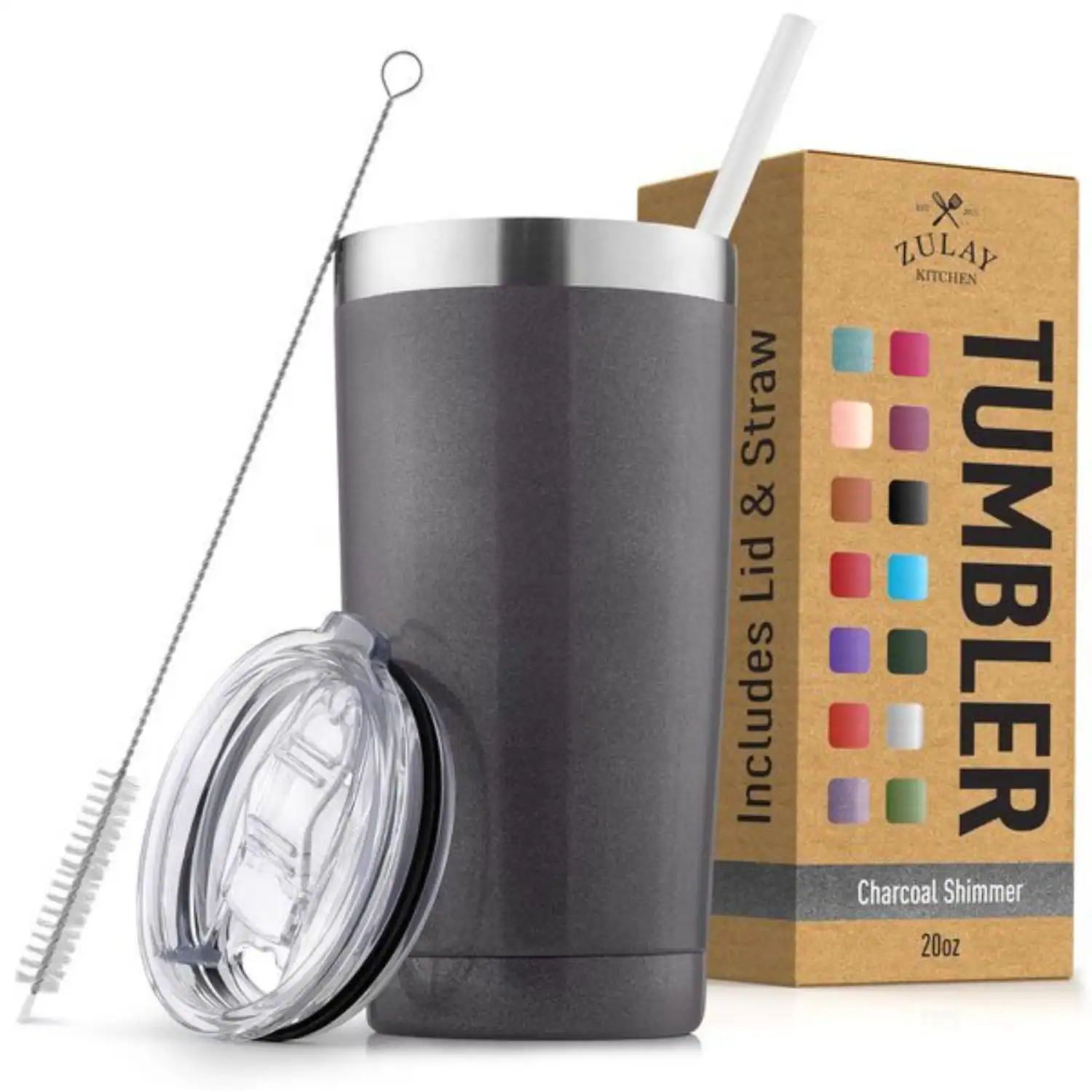 Zulay Kitchen - 20oz Double Walled Insulated Tumbler with Lid and Straw - Charcoal Shimmer