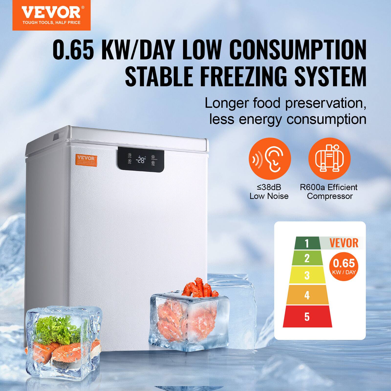 VEVOR  
TOUGH TOOLS, HALF PRICE  

0.65 KW/DAY LOW CONSUMPTION STABLE FREEZING SYSTEM  

Longer food preservation, less energy consumption  

VEVOR '85  
S38dB R600a Efficient Low Noise Compressor  

≤38dB Low Noise  
R600a Efficient Compressor  

1  
VEVOR  
2  
0.65 KW/DAY  
3  
4  
5