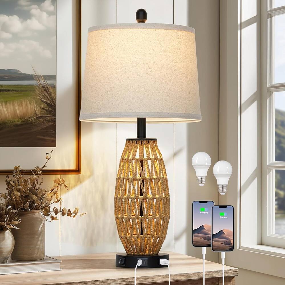 RTMB - 27"  Rattan Table Lamp, Woven Bedside Light with USB & AC Outlet