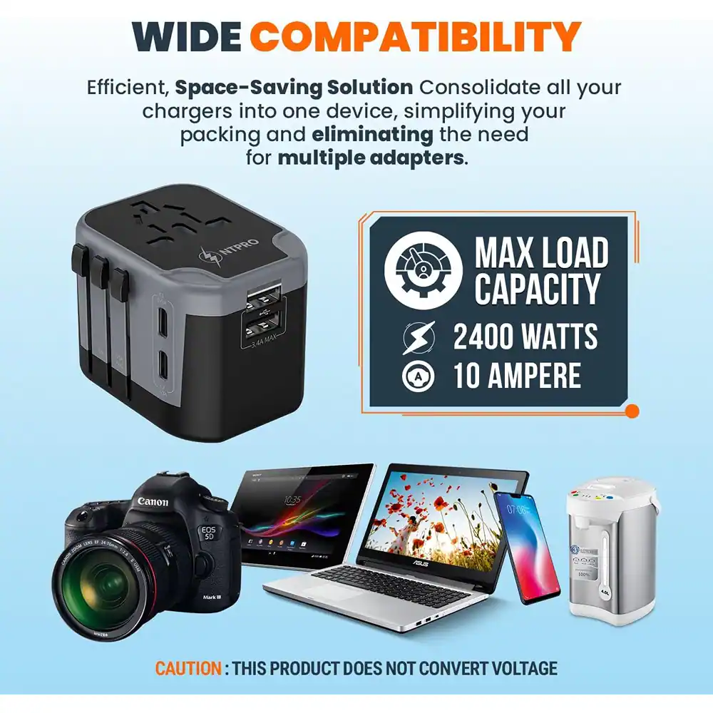 **WIDE COMPATIBILITY**

Efficient, Space-Saving Solution  
Consolidate all your chargers into one device, simplifying your packing and eliminating the need for multiple adapters.

**MAX LOAD CAPACITY**  
2400 WATTS  
10 AMPERE

**CAUTION:** THIS PRODUCT DOES NOT CONVERT VOLTAGE