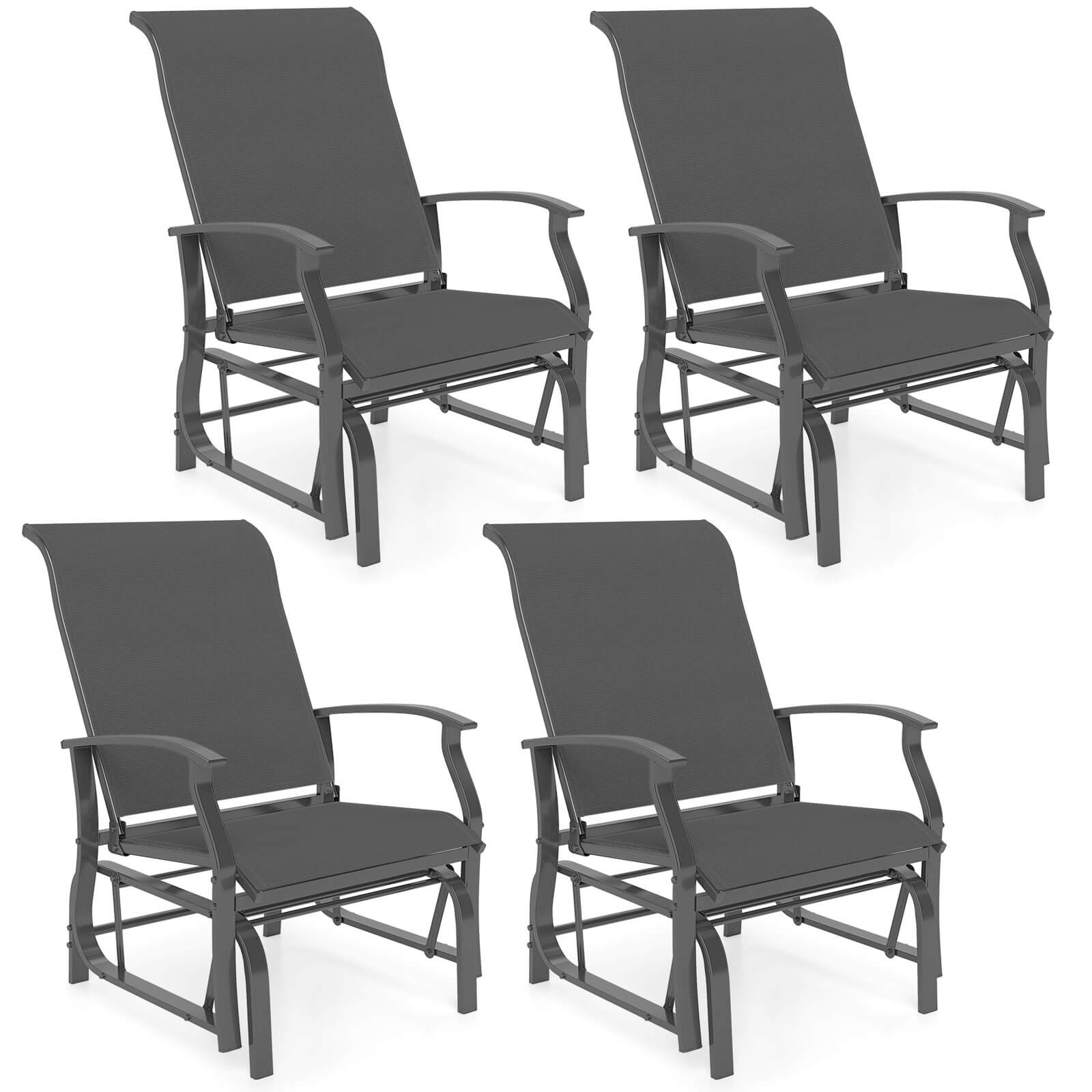 Costway - Porch Gliders Set of 4 with Reclined High Back Breathable Mesh Fabric Metal Frame - Gray