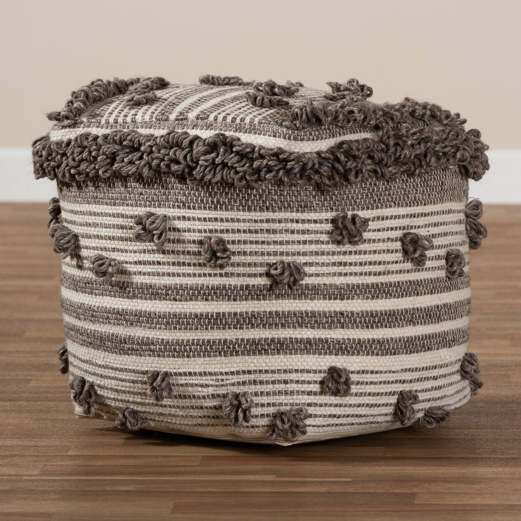 Alt View 1. Baxton Studio - Eligah Moroccan Inspired Handwoven Wool Pouf Ottoman - Ivory/Brown.