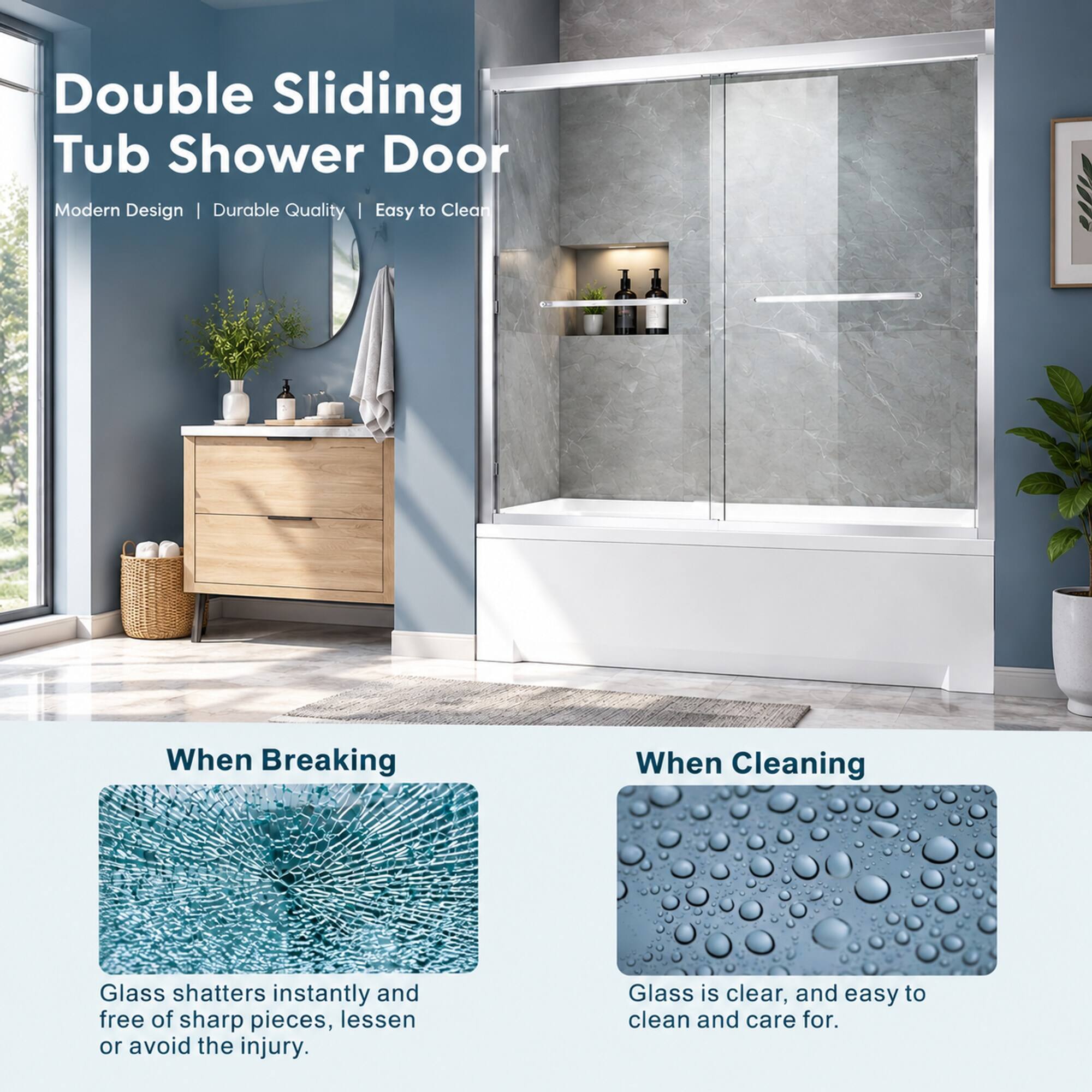 Double Sliding Tub Shower Door Modern Design | Durable Quality | Easy to Clean

When Breaking
Glass shatters instantly and free of sharp pieces, lessen or avoid the injury.

When Cleaning
Glass is clear, and easy to clean and care for.