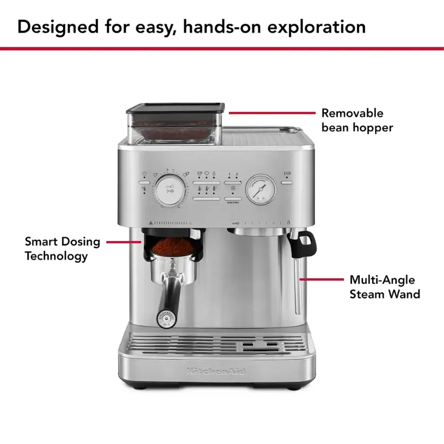 Designed for easy, hands-on exploration, the coffee maker features a removable bean hopper, smart dosing technology, and a multi-angle steam wand.
