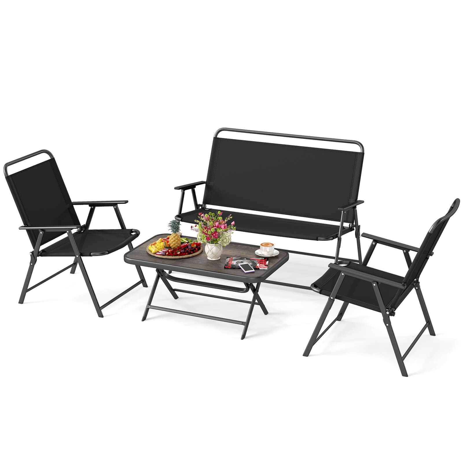 Costway - 4 PCS Patio Folding Furniture Set Outdoor Conversation Set Bistro Sectional Set - Black