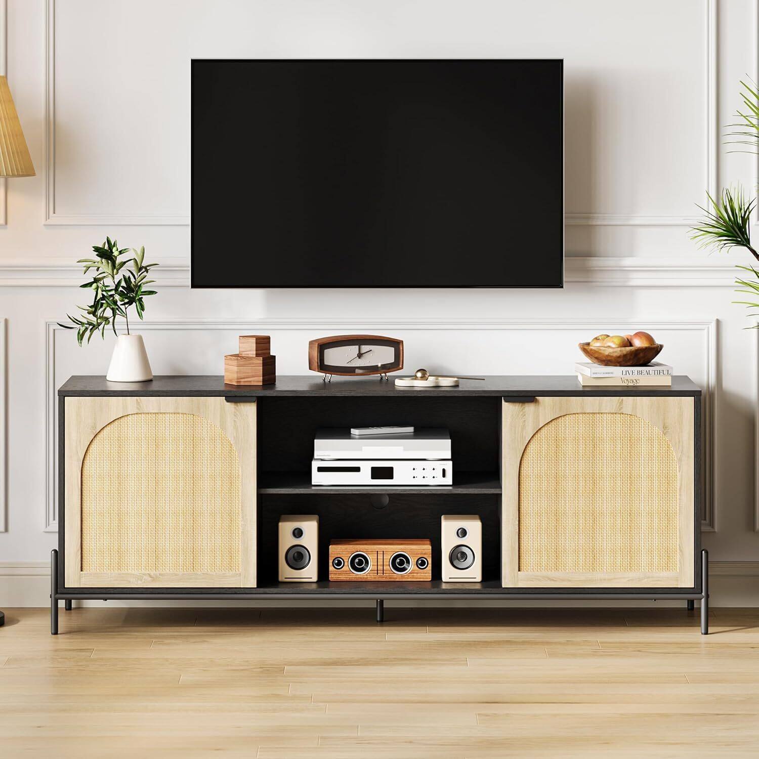 Front. Acekool - Modern Rattan TV Stand for Living Room, Bedroom, TV Console with Adjustable Shelf for 75 Inch TV - Black.