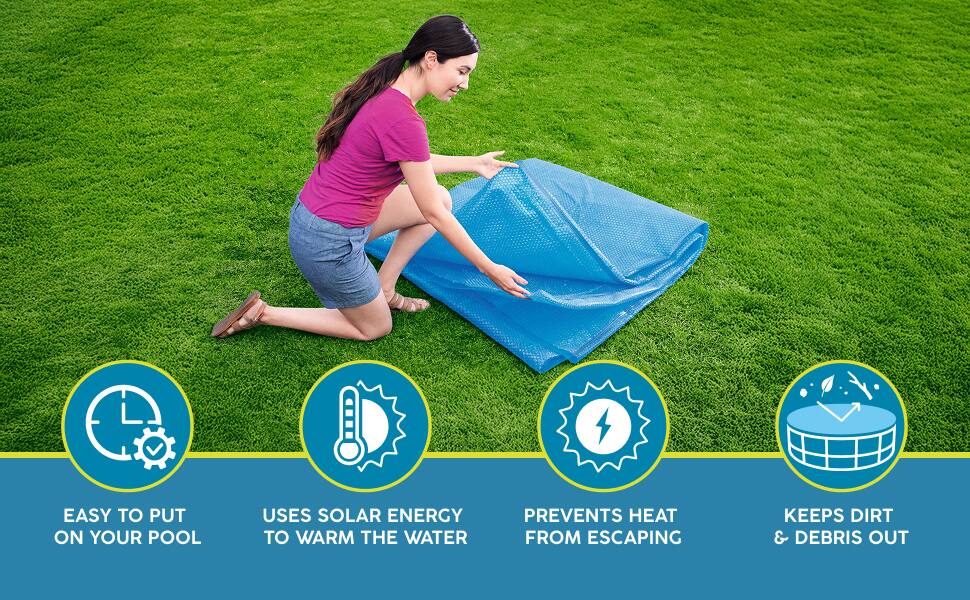 EASY TO PUT ON YOUR POOL  
USES SOLAR ENERGY TO WARM THE WATER  
PREVENTS HEAT FROM ESCAPING  
KEEPS DIRT & DEBRIS OUT