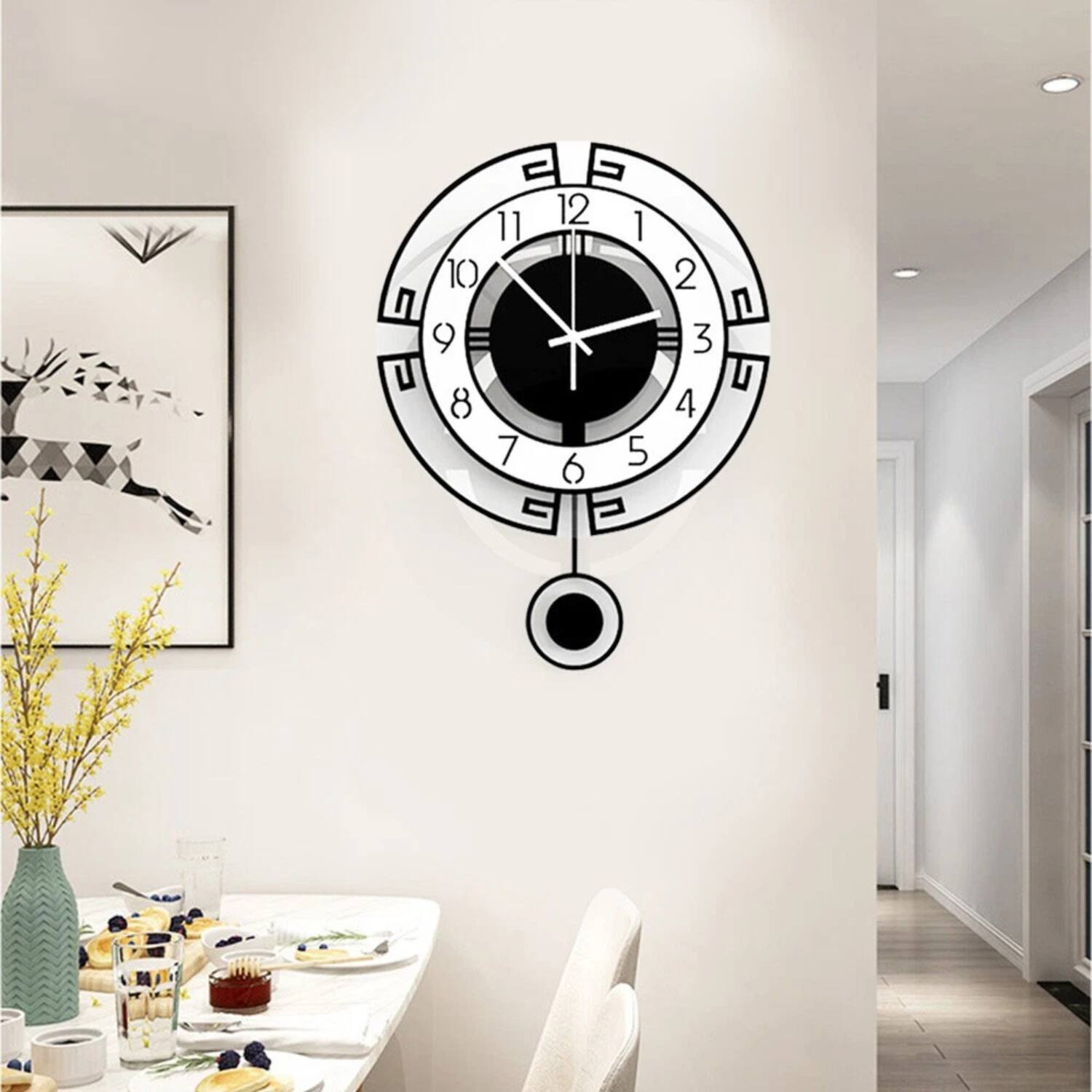 Left. Stock Preferred - Large Modern Nordic Silent Swing Pendulum Wall Clock - Black.