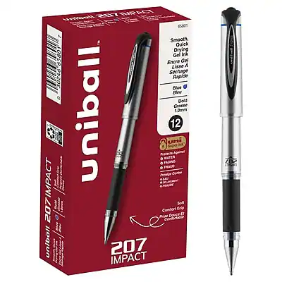 Uniball 207 IMPACT
65801
Smooth, Quick Drying Gel Ink
Gel Ink Lisse A Schage
Rapide
Blue Bold
Bleu Gras
1.0mm
12 ni
Protects Against Water Fading
Protège Contre le Fading
Comfort But Soft Grip
Confort Douce Grip
Prise Comfort Contortabie