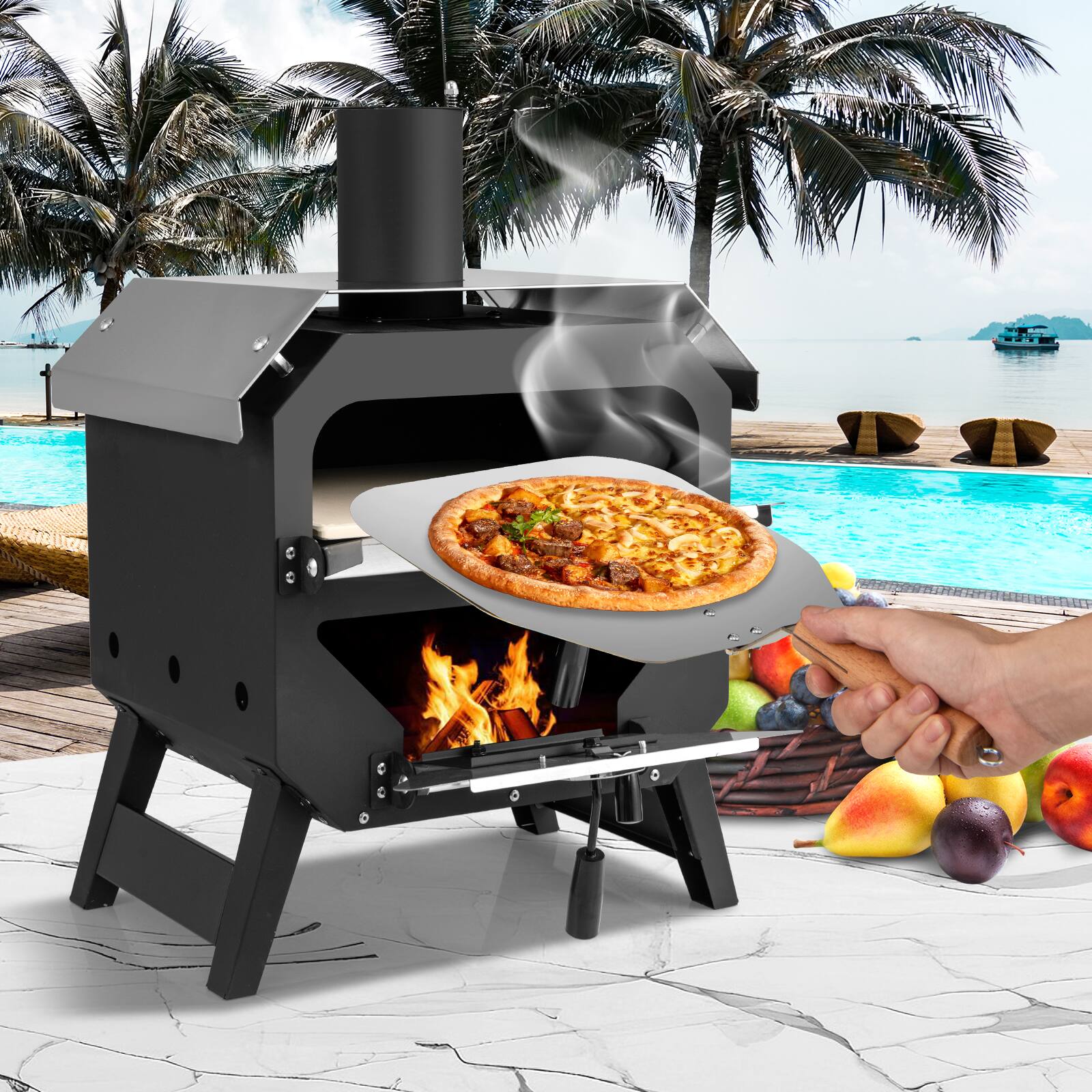 Alt View 1. Gymax - Gymax 12'' Outdoor Pizza Oven w/ Pizza Stone Pizza Peel & Oxford Cloth Cover - Black.