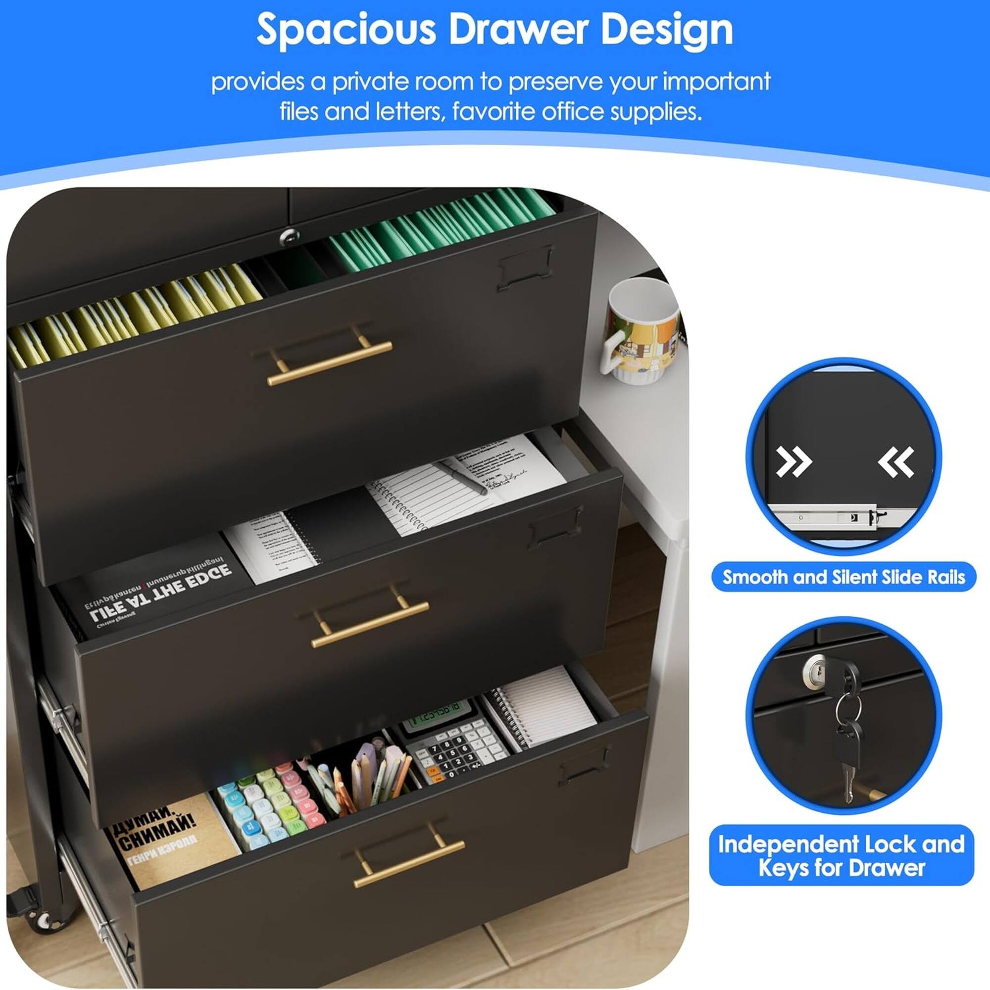 Spacious Drawer Design provides a private room to preserve your important files and letters, favorite office supplies. 

Smooth and Silent Slide Rails

Independent Lock and Keys for Drawer