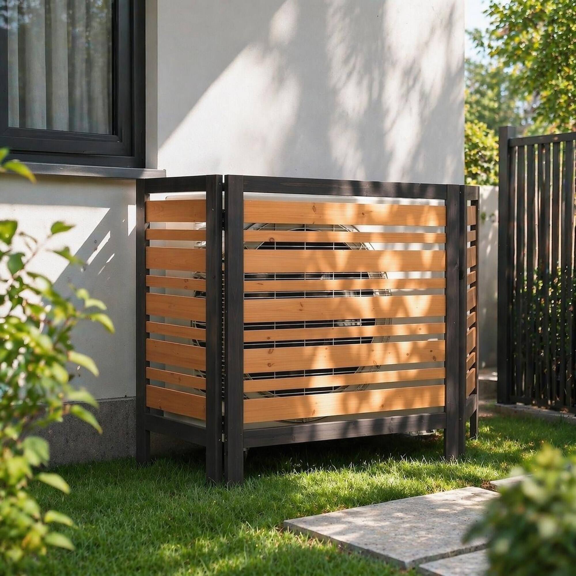 Back. RYHNUYNE - 3 Panel Outdoor Privacy Fence Screen for Air Conditioner, Wood Patio Backyard Enclosure, 38 by 42 Inch - Black+Gold.