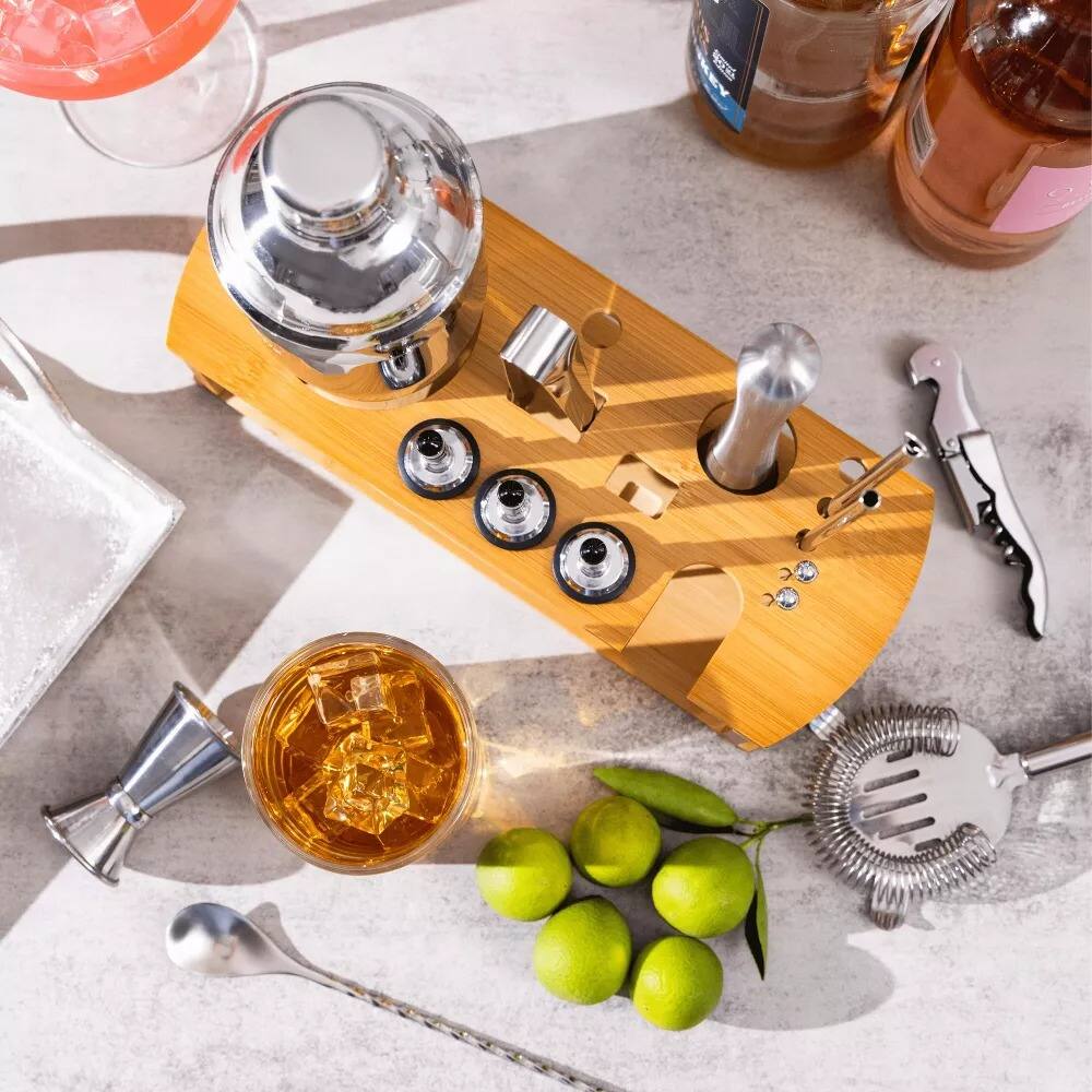 Alt View 2. Luminuxe - Cocktail Shaker Set Bartender Kit with Bamboo Stand 16 Piece Barware Mixing Tools, Stainless Steel.