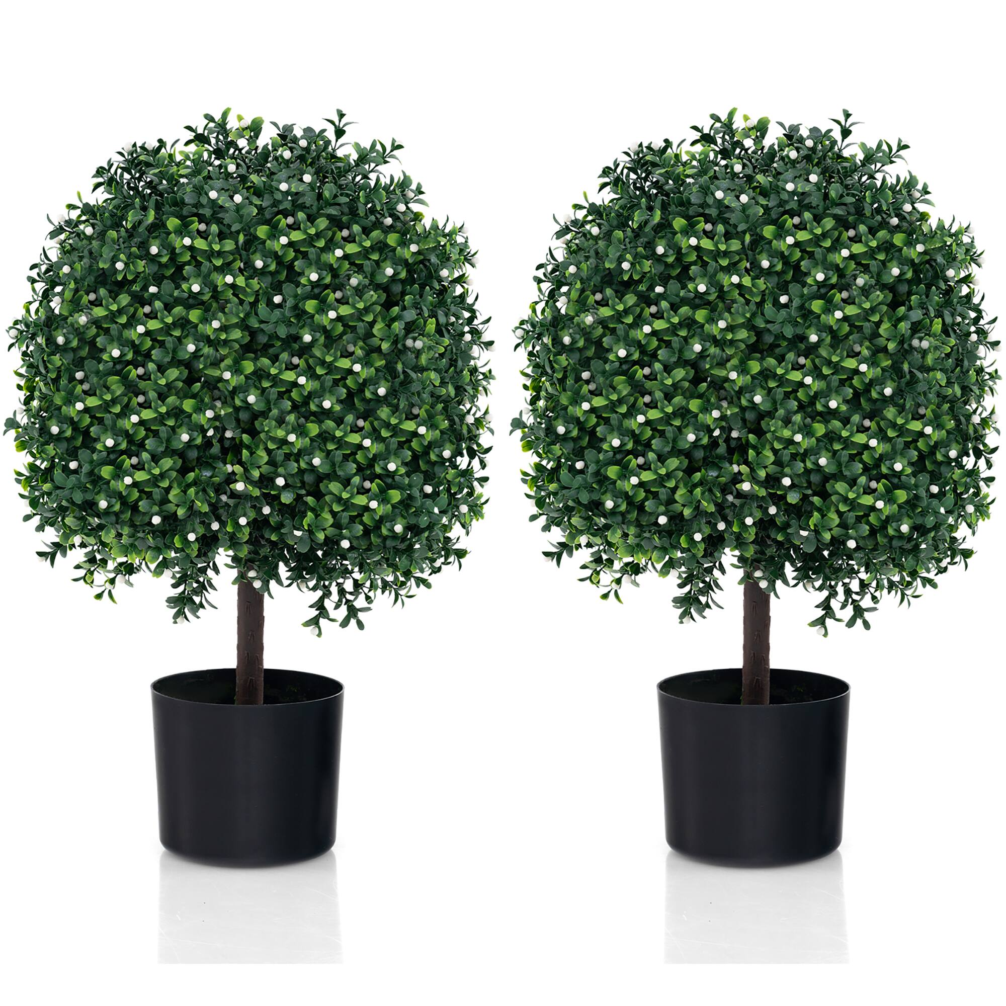 Costway - Set of 2 Faux Potted Plants Artificial Shrubs Bushes with 343 White Fruits - Green, White, Black