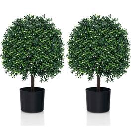 Gymax - 2 PCS Artificial Boxwood Topiary Ball Tree w/UV Rated Leaves 343 White Fruits for Home - Green, White, Black