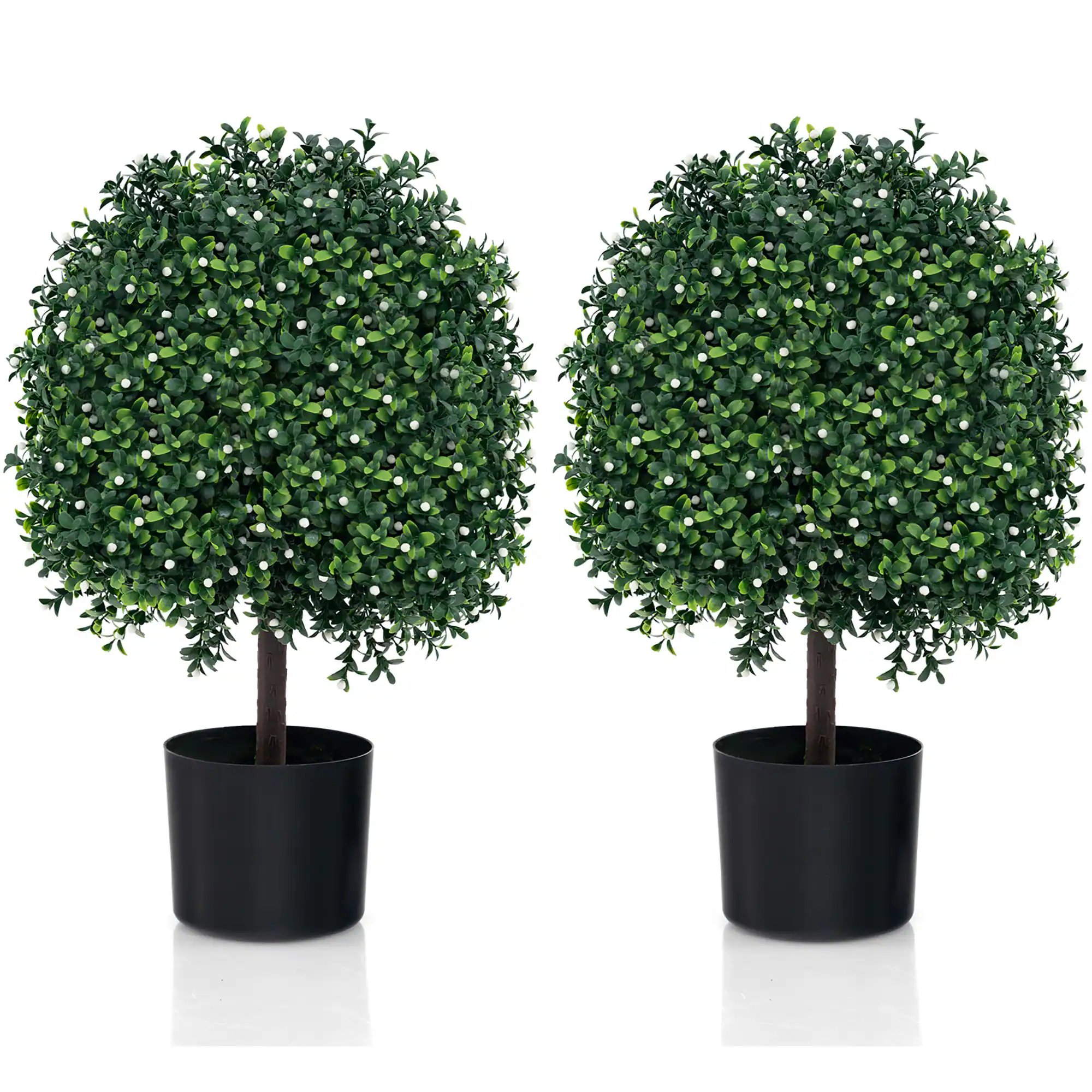 Front. Gymax - Gymax 2 PCS Artificial Boxwood Topiary Ball Tree w/UV Rated Leaves 343 White Fruits for Home - Green, White, Black.