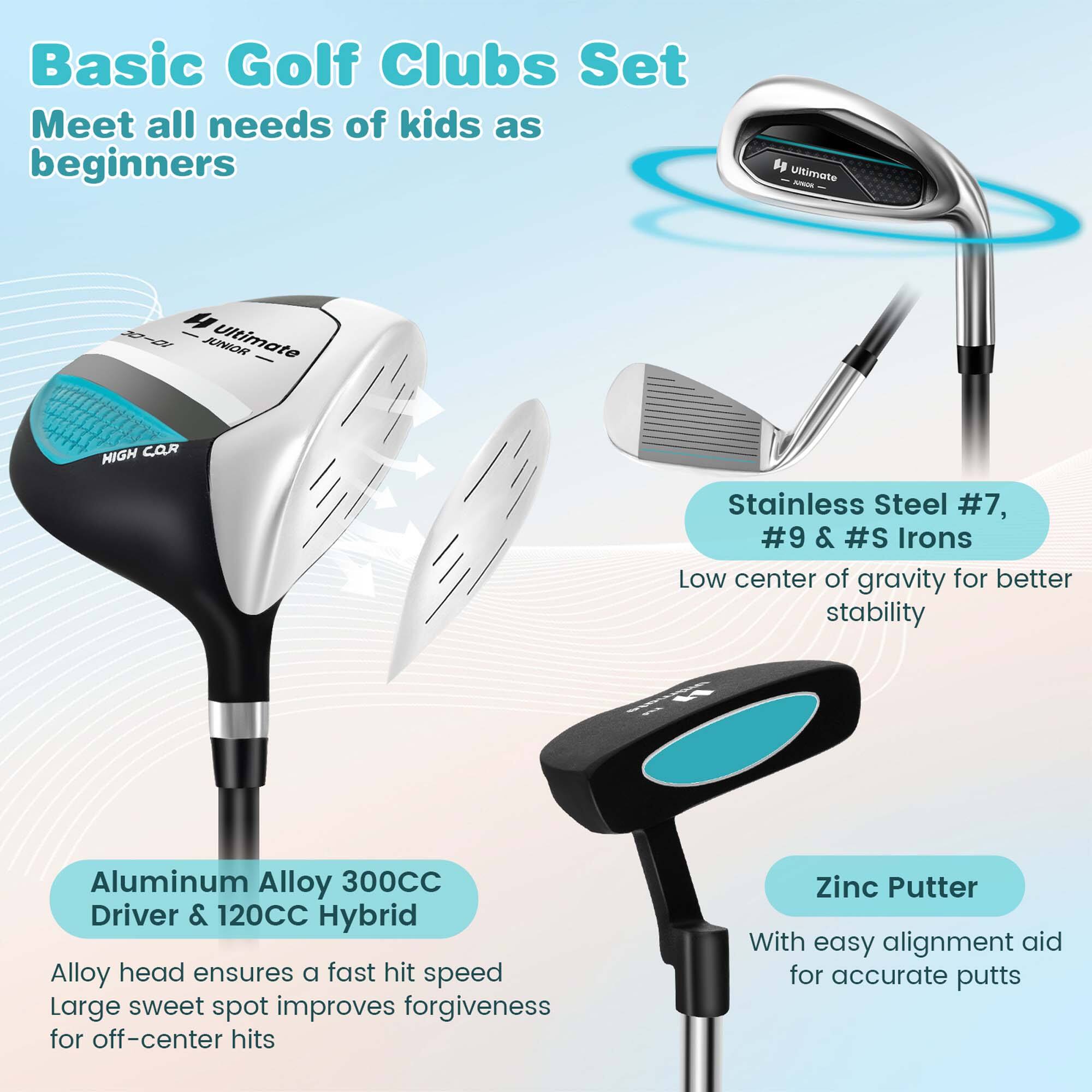 Basic Golf Clubs Set  
Meet all needs of kids as beginners  

- Stainless Steel #7, #9 & #S Irons  
  Low center of gravity for better stability  

- Aluminum Alloy 300CC Driver & 120CC Hybrid  
  Alloy head ensures a fast hit speed  
  Large sweet spot improves forgiveness for off-center hits  

- Zinc Putter  
  With easy alignment aid for accurate putts