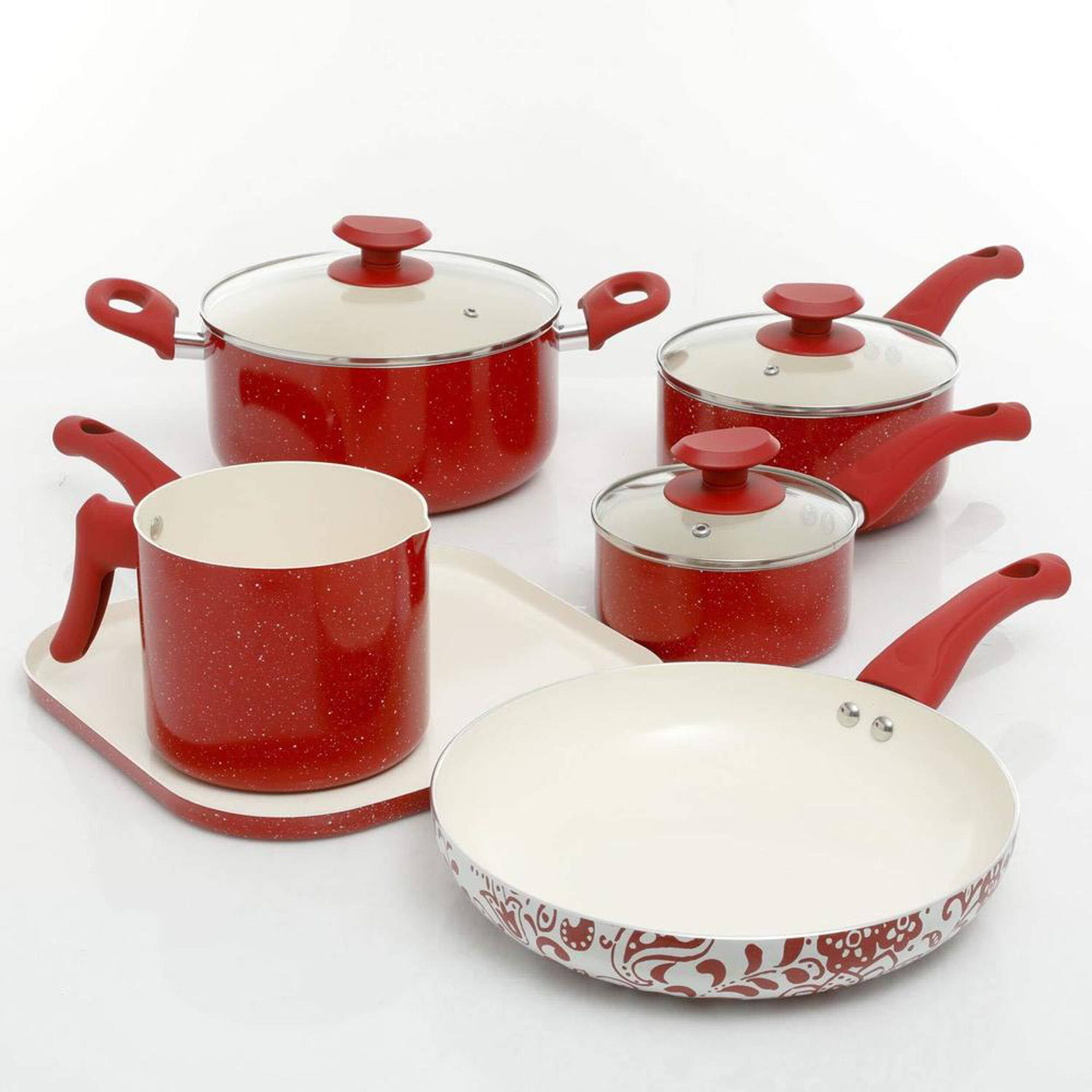 Alt View 1. Oster - Oster Cocina San Jacinto Aluminum Cookware Set in Red Speckled Finish, Set of 9 - Red Speckle.