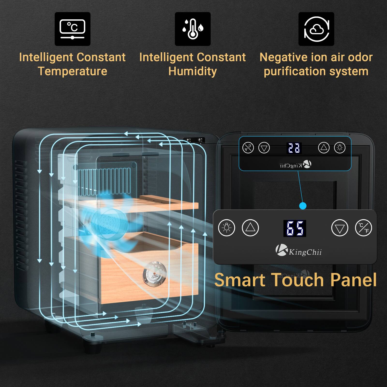 Intelligent Constant Temperature  
Intelligent Constant Humidity  
Negative ion air odor purification system  

KingChii Smart Touch Panel