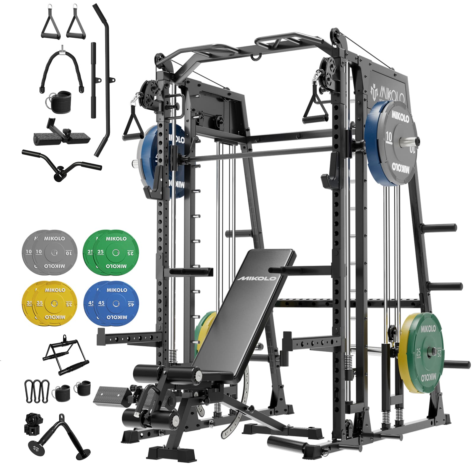 Mikolo - M4 2.0 Smith Machine, All-in-One Home Gym Power Cage with LAT Pulldown & Cable Crossover, Squat Rack for Body Workouts - Black
