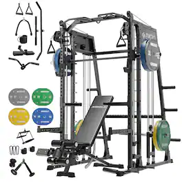 Mikolo - M4 2.0 Smith Machine, All-in-One Home Gym Power Cage with LAT Pulldown & Cable Crossover, Squat Rack for Body Workouts - Black