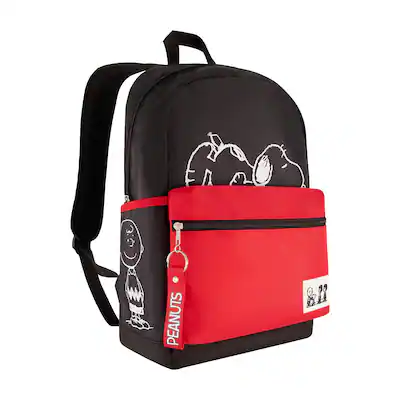 best travel backpack extra bag of peanuts Black and Red Snoopy, Charlie Brown & Woodstock and an integrated safety leash to help keep small pets in place Peanuts Backpack 16" Snoopy &