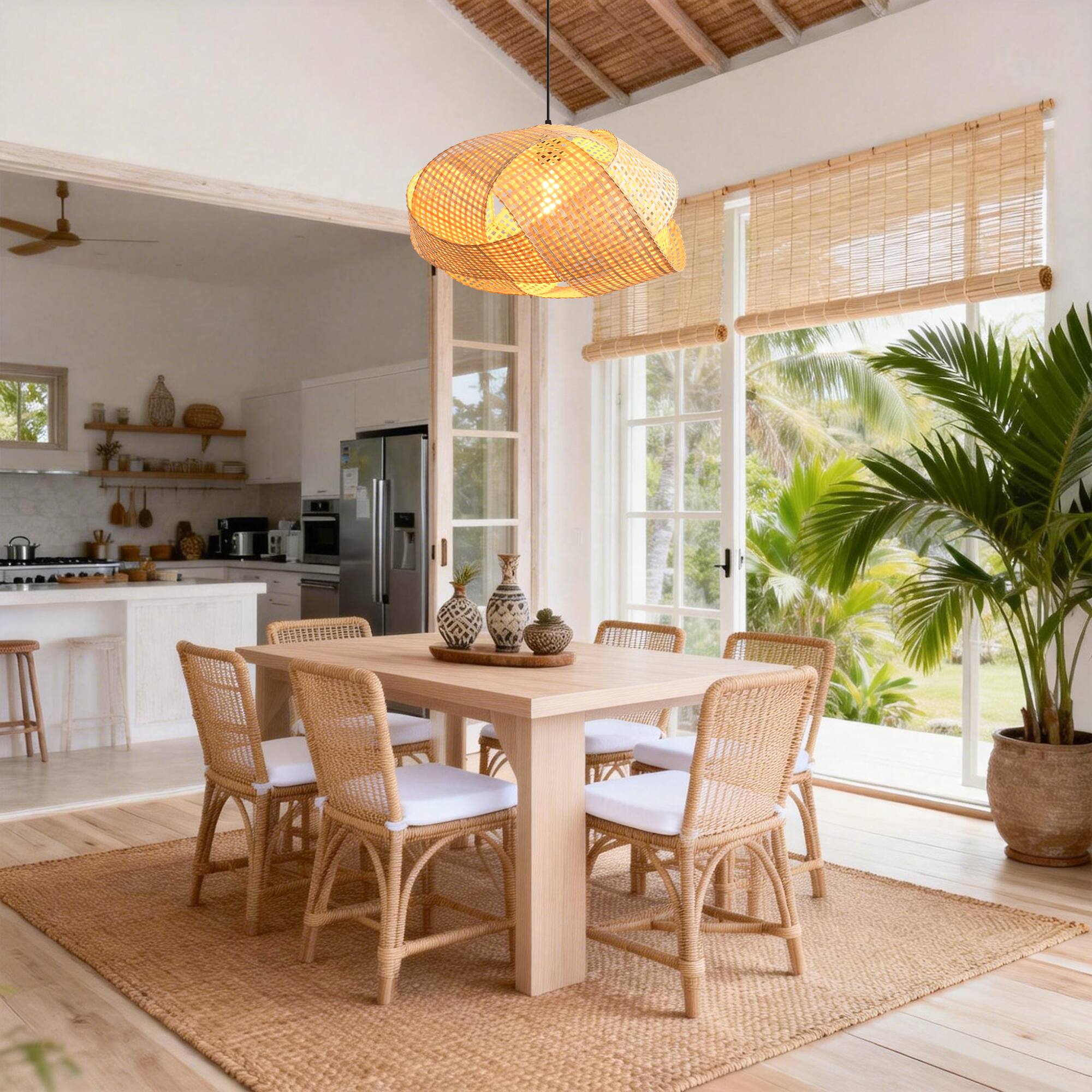 Left. Parrot Uncle - 1-Light Personalized Design Rustic Bamboo Hand-Woven Pendant Lamp.