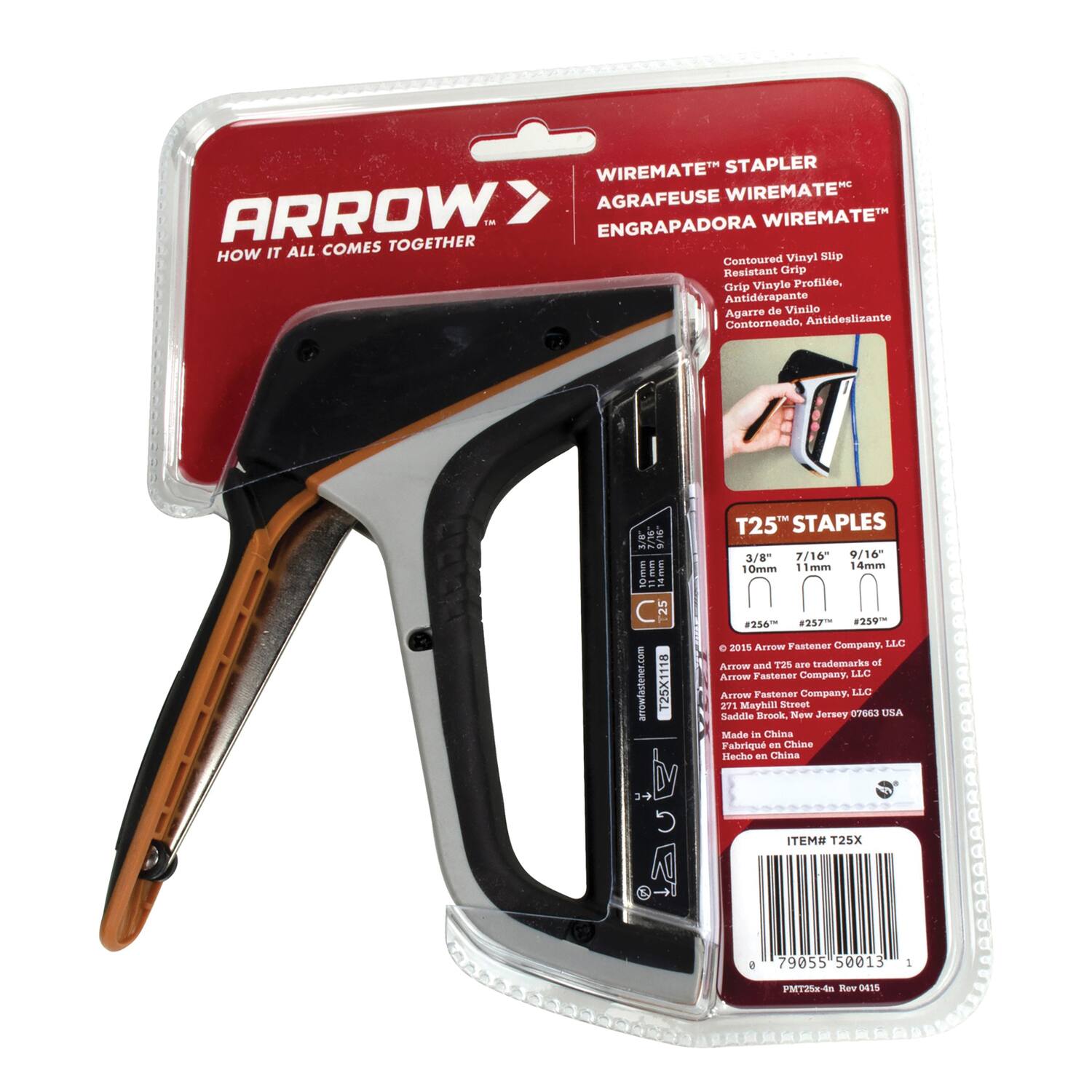 **ARROW™**  
HOW IT ALL COMES TOGETHER

**WIREMATE™ STAPLER**  
AGRAFEUSE WIREMATE™  
ENGRAPADORA WIREMATE™

Contoured Vinyl Slip Grip  
Grip Vinyle Profile, Antidrapante  
Agarre de Vinilo Contorneado, Antideslizante

**T25™ STAPLES**  
3/8" 7/16" 9/16"  
10mm 11mm 14mm

#57 #259

© 2015 Arrow Fastener Company, LLC  
Arrow and T25 are trademarks of Arrow Fastener Company, LLC  
Arrow Fastener Company, LLC  
271 Maybush Street  
Saddle Brook, New Jersey 07663 USA  
Made in China  
Fabricado en China  
Hecho en China

ITEM # T25X  
79055 50013  
PMT25X-4 Rev 0415

amowfastener.com  
T25X1118