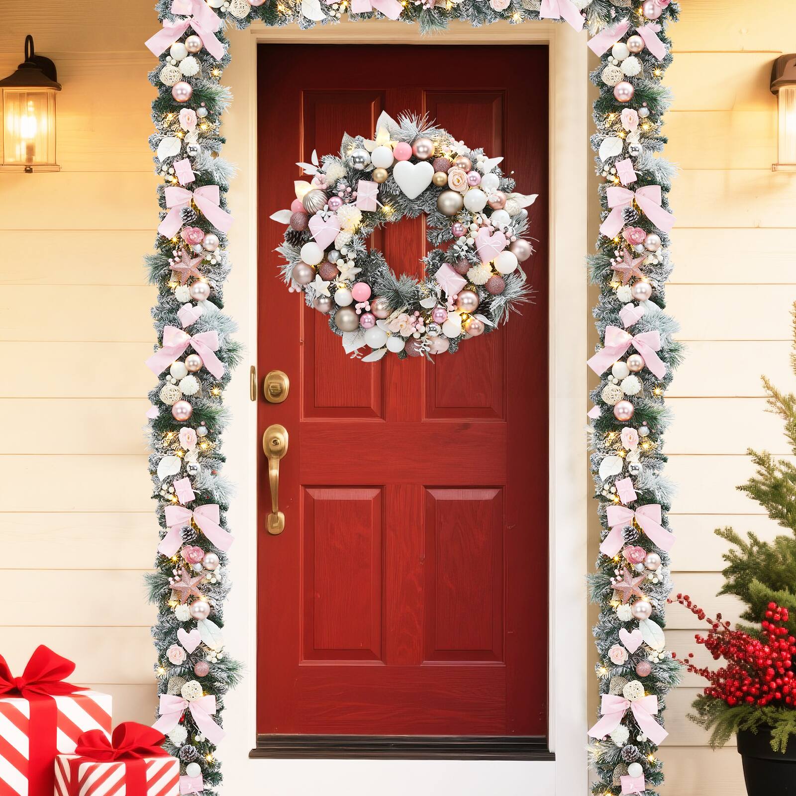 Alt View 4. Acekool - 24 Inch Prelit Christmas Wreath Artificial Xmas Wreath with 20 Led Lights Heart and Gift Box Ornaments for Front Door - Pink.