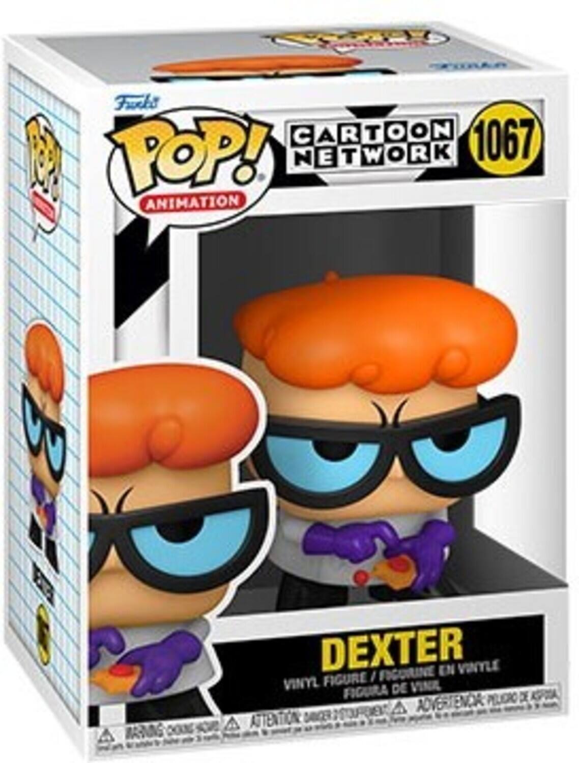 Sure, here is the corrected and grouped text from the image:

---

**Front:**
- Cartoon Network
- 1067
- Pop! Animation
- Dexter
- Vinyl Figure / Figurine en Vinyle / Figura de Vinilo

**Side:**
- Warning: Choking Hazard - Small parts. Not for children under 3 years.
- Attention: Danger de suffocation - Petites pièces. Ne convient pas aux enfants de moins de 3 ans.
- Advertencia: Peligro de asfixia - Piezas pequeñas. No es adecuado para niños menores de 3 años.

**Top:**
- Funko

---
