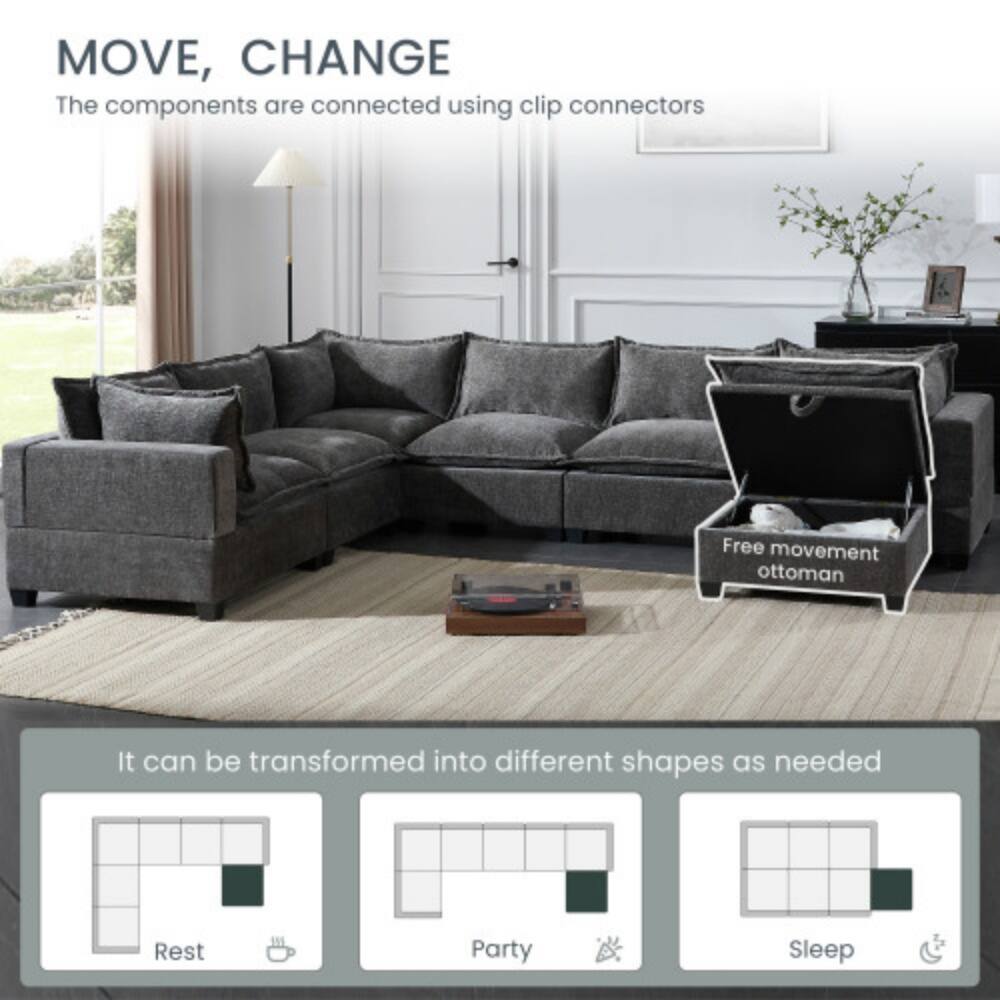 MOVE, CHANGE  
The components are connected using clip connectors  

Free movement ottoman  

It can be transformed into different shapes as needed  
- Rest  
- Party  
- Sleep