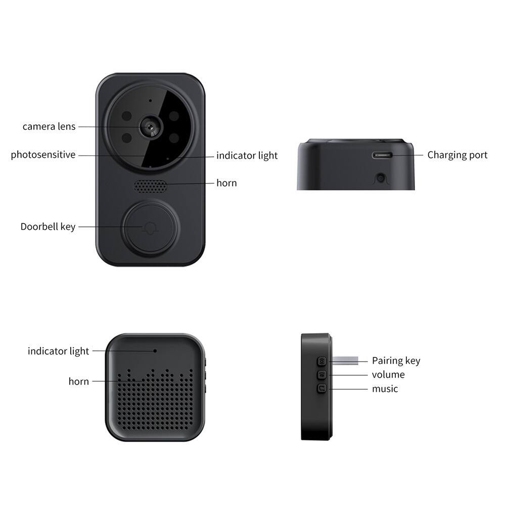 - Camera lens
- Photosensitive
- Indicator light
- Charging port
- Doorbell key
- Horn
- Pairing key
- Volume
- Music