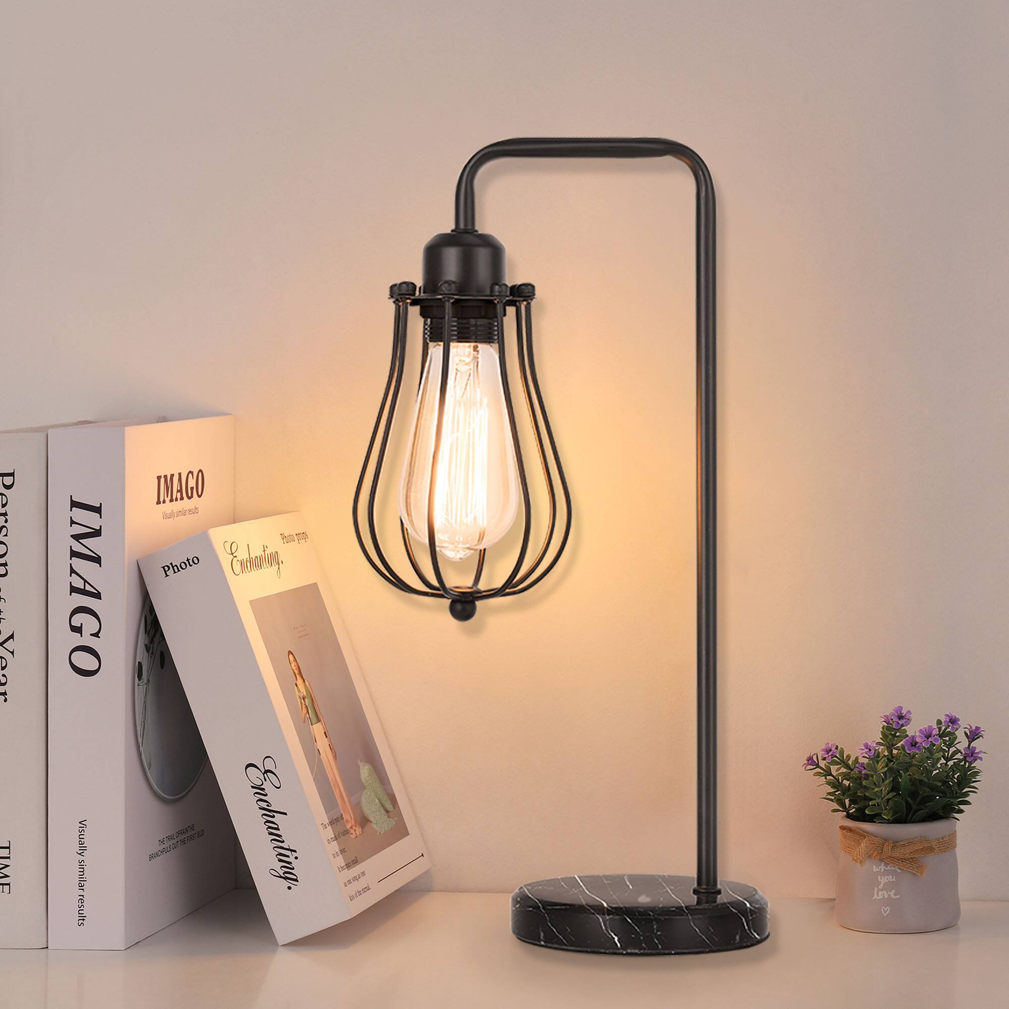 Oumilen - Edison Industrial Table Lamp with Marble Base - Vintage Black Nightstand Lamp for Bedroom Living Room Office
