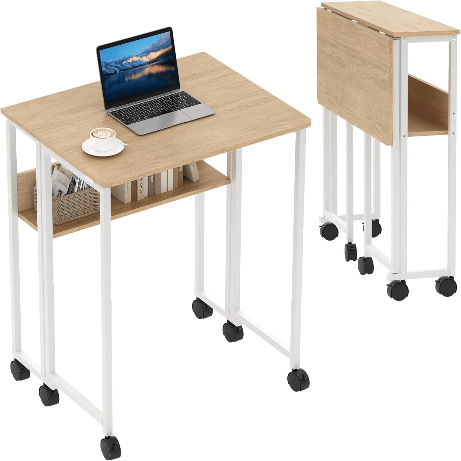 Homhougo - Collapsible Laptop Desk with Storage Shelf - Mobile Writing Desk on Wheels for Small Spaces - Wood