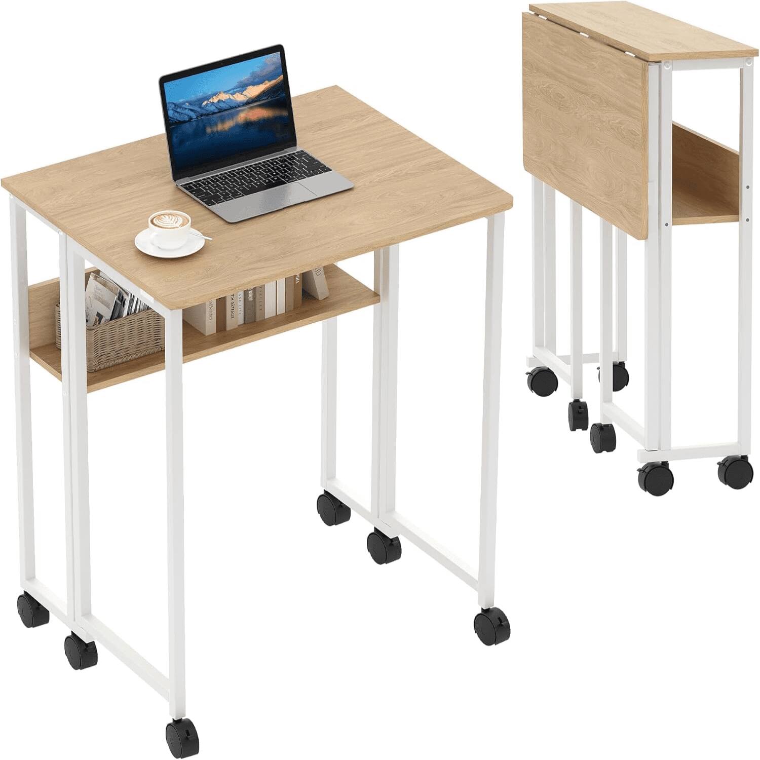 Front. Homhougo - Collapsible Laptop Desk with Storage Shelf - Mobile Writing Desk on Wheels for Small Spaces - Wood.