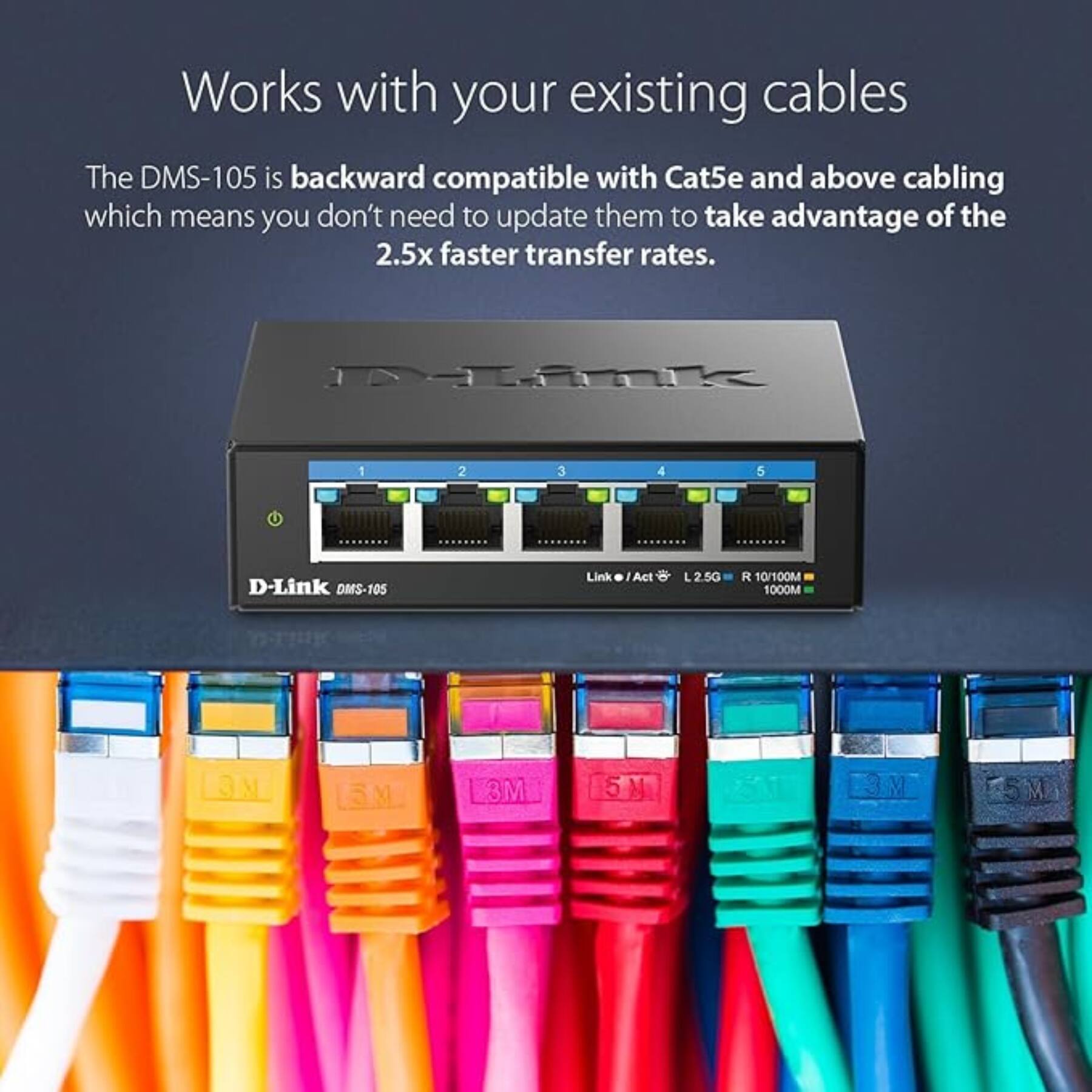 Works with your existing cables

The DMS-105 is backward compatible with Cat5e and above cabling which means you don't need to update them to take advantage of the 2.5x faster transfer rates.

D-Link DMS-105

Link / Act L 2.5G R 10/100M 1000M

1 2 3 4 5

1 2 3 4 5

1 2 3 4 5

1 2 3 4 5

1 2 3 4 5

1 2 3 4 5

1 2 3 4 5

1 2 3 4 5

1 2 3 4 5

1 2 3 4 5

1 2 3 4 5

1 2 3 4 5

1 2 3 4 5

1 2 3 4 5

1 2 3 4 5

1 2 3 4 5

1 2 3 4 5

1 2 3 4 5

1 2 3 4 5

1 2 3 4 5

1 2 3 4 5

1 2 3 4 5

1 2 3 4 5

1 2 3 4 5

1 2 3 4 5

1 2 3 4 5

1 2 3 4 5

1 2 3 4 5

1 2 3 4 5

1 2 3 4 5

1 2 3 4 5

1 2 3 4 5

1 2 3 4 5

1 2 3 4 5

1 2 3 4 5

1 2 3 4 5

1 2 3 4 5

1 2 3 4 5

1 2 3 4 5

1 2 3 4 5

1 2 3 4 5

1 2 3 4 5

1 2 3 4 5

