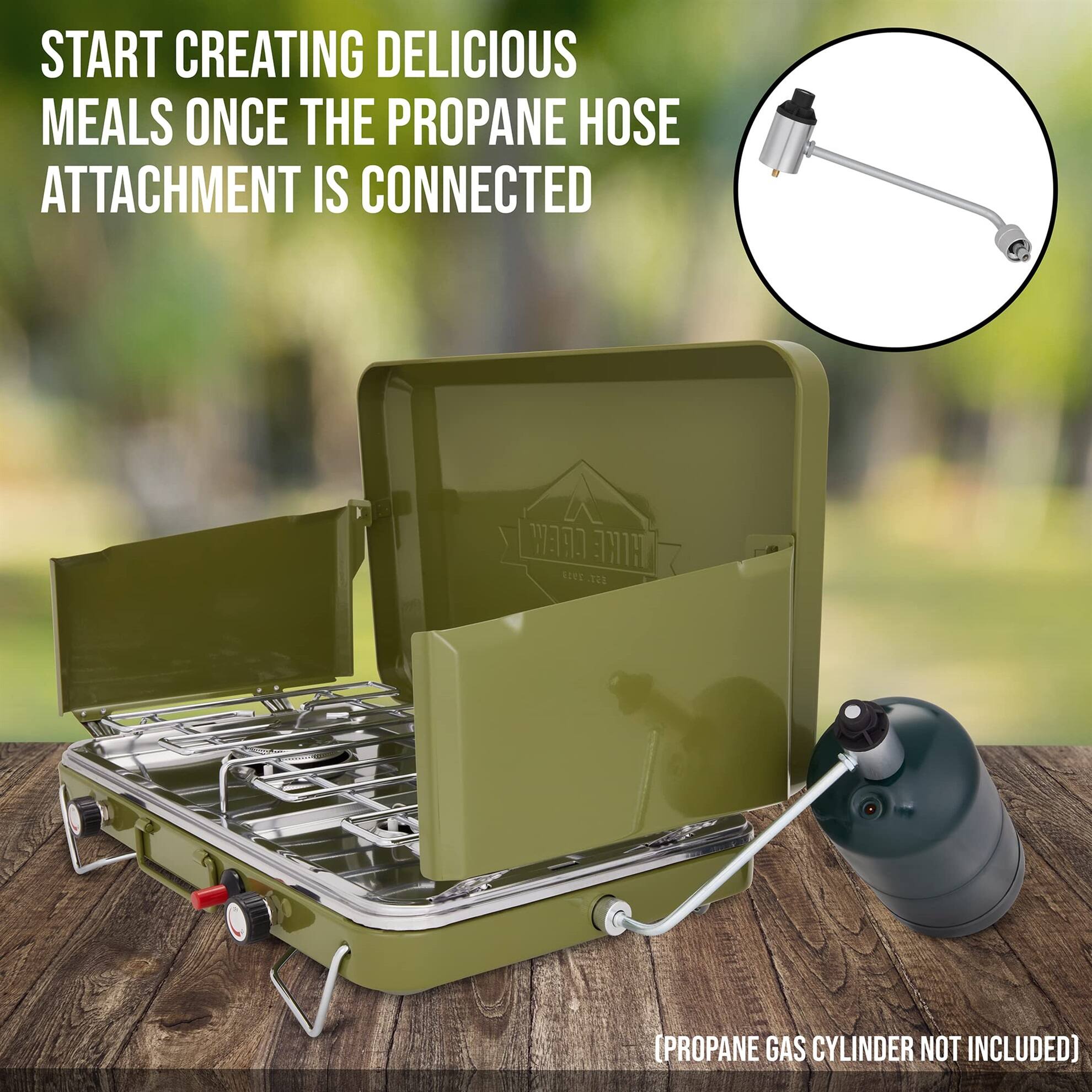 START CREATING DELICIOUS MEALS ONCE THE PROPANE HOSE ATTACHMENT IS CONNECTED

[PROPANE GAS CYLINDER NOT INCLUDED]