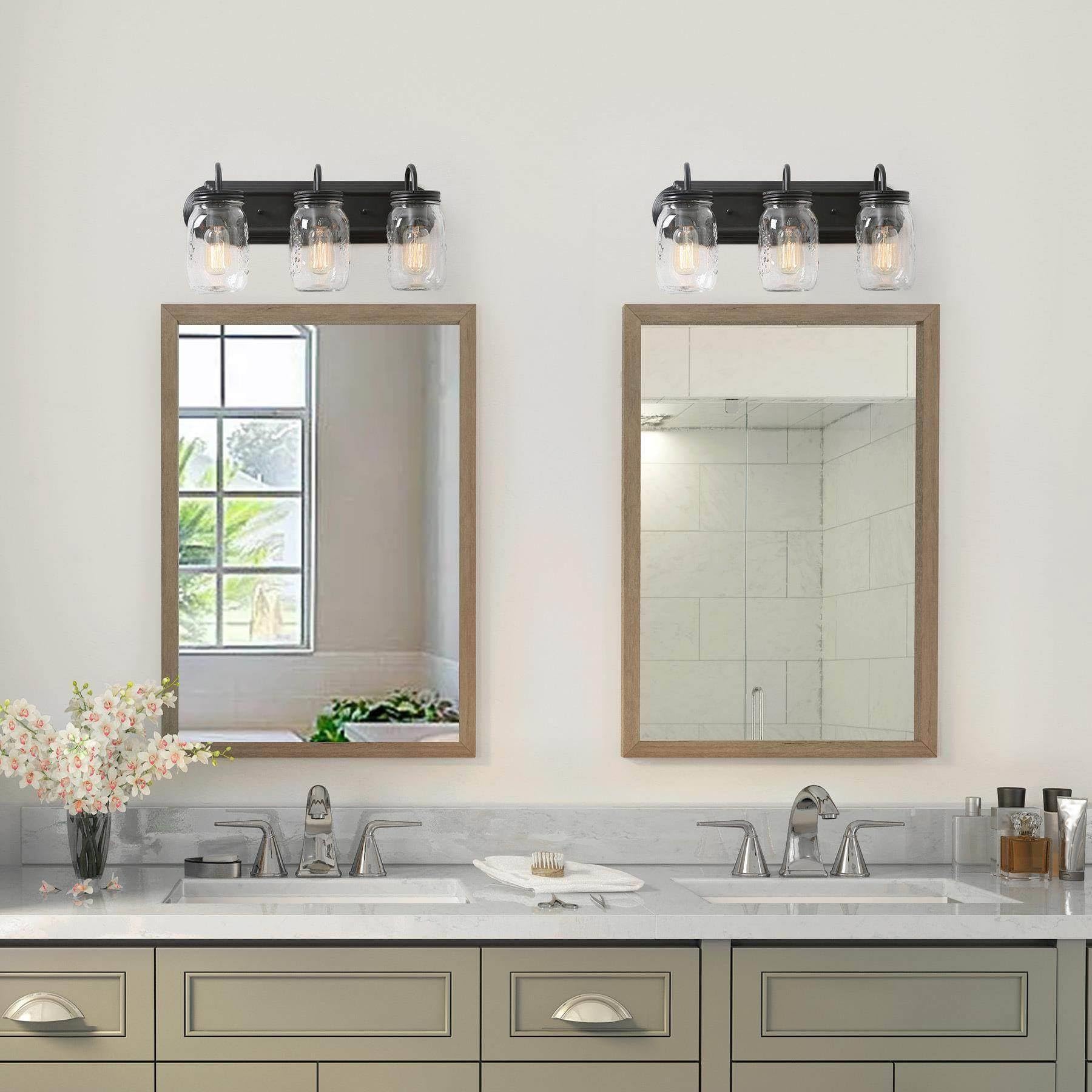Back. Cedar Assembly - Bathroom Vanity Light Fixtures Mason Jar Lights For Farmhouse Over Mirror - Black 3-Light Mason Jar Vanity Light.