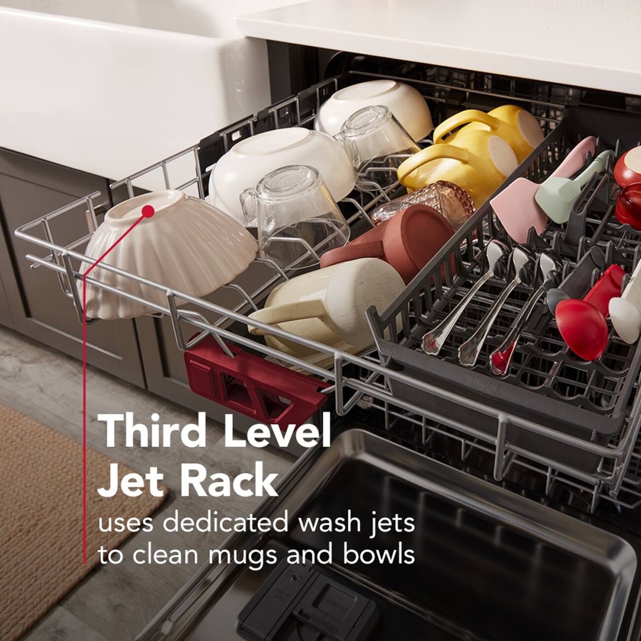 Third Level Jet Rack uses dedicated wash jets to clean mugs and bowls.