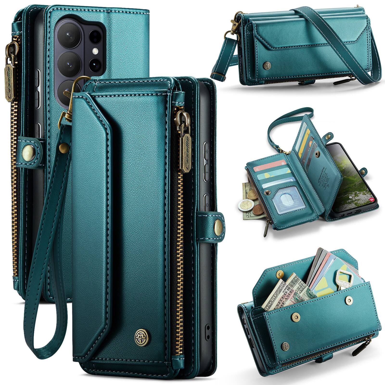 Left. Dteck - Wallet Case for Samsung Galaxy S26 Ultra, PU Leather RFID Blocking Card Holder Kickstand Cover with Crossbody Strap - Green.