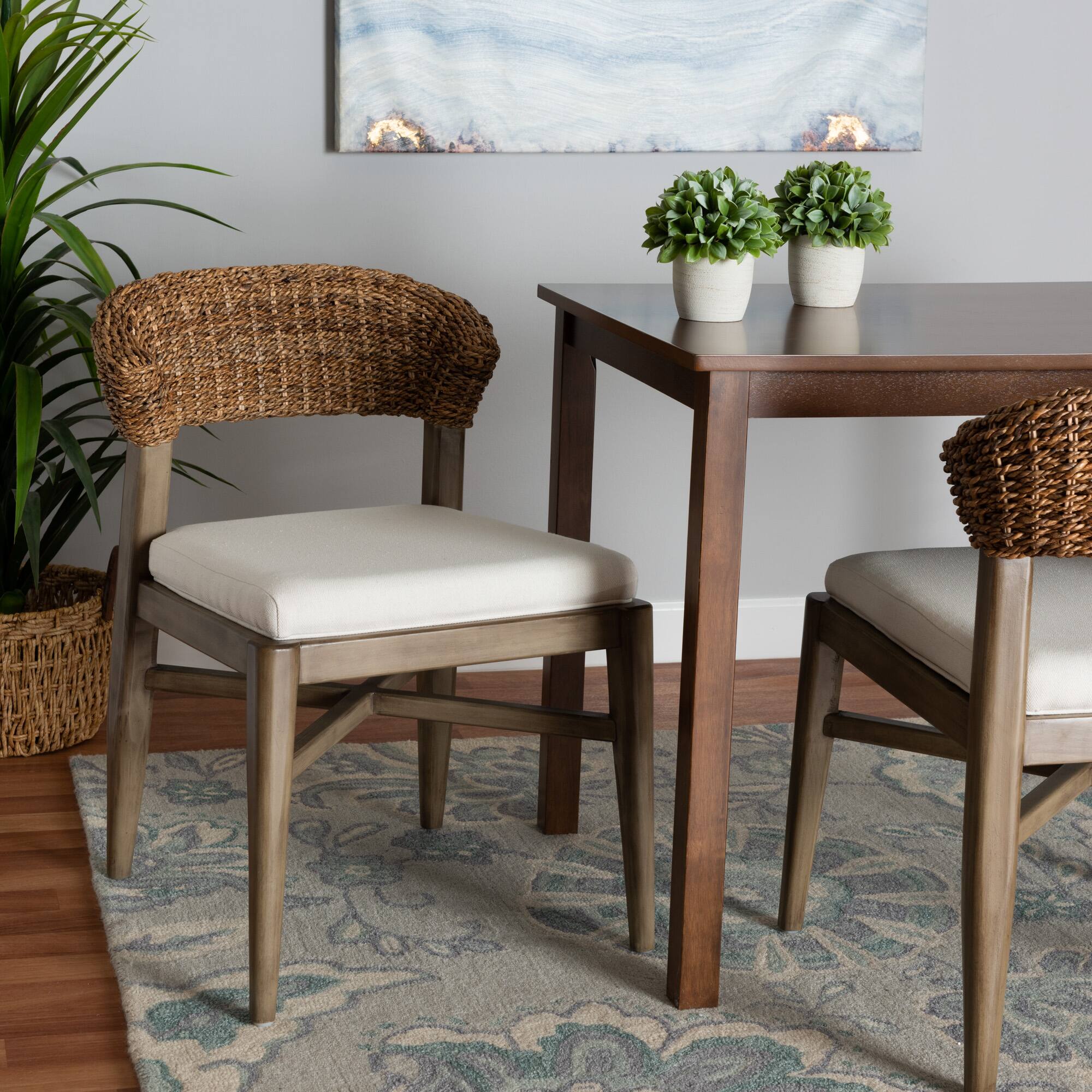 Alt View 4. bali & pari - Chloe Modern Bohemian Finished Mahogany Wood and Natural Rattan Dining Chair - White/Natural Brown/Walnut Brown.