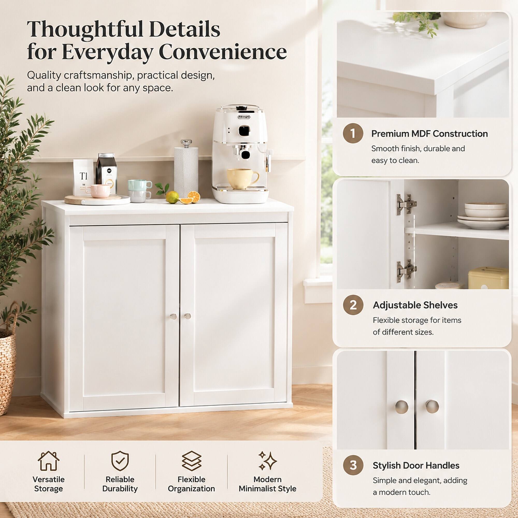 Thoughtful Details for Everyday Convenience  
Quality craftsmanship, practical design, and a clean look for any space.

1. Premium MDF Construction  
Smooth finish, durable and easy to clean.

2. Adjustable Shelves  
Flexible storage for items of different sizes.

3. Stylish Door Handles  
Simple and elegant, adding a modern touch.

Versatile Storage  
Reliable Durability  
Flexible Organization  
Modern Minimalist Style