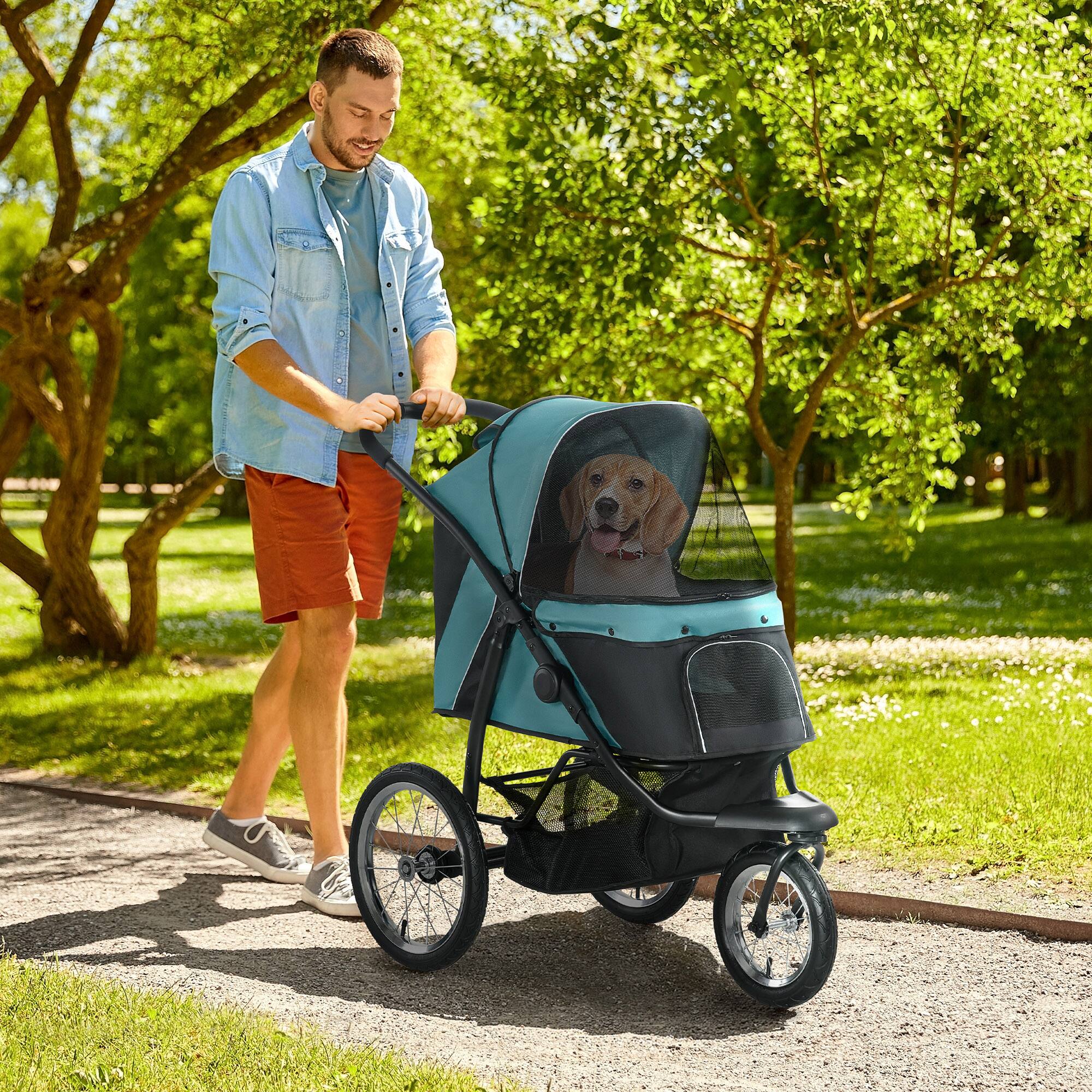 Alt View 1. Pawhut - Wheels Pet Stroller for Small Dogs and Medium Dogs with Adjustable Canopy, Safety Tether, Storage Basket - Dark Green.