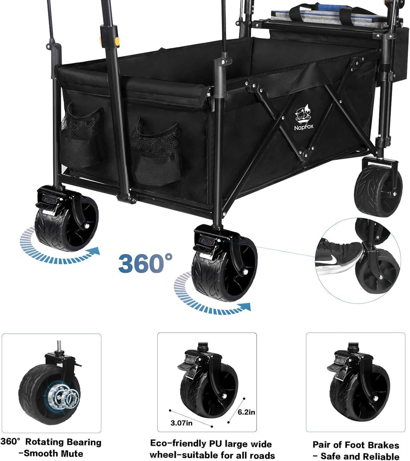 NapFox 360 3.07in 6.2in 360 Rotating Bearing - Smooth Mute Eco-friendly PU large wide wheel - suitable for all roads Pair of Foot Brakes - Safe and Reliable