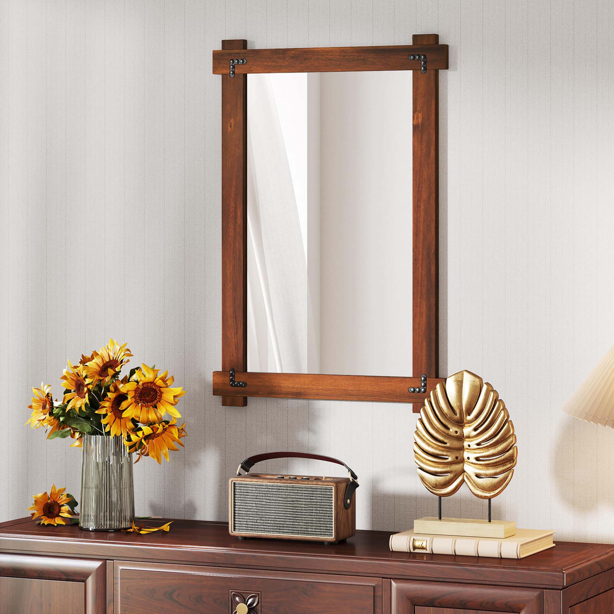 Alt View 3. Costway - Costway 35 x 24 Inch Shatterproof Wall Mirror with Acacia Wood Frame & Vintage Rivet Design - Rustic Brown.