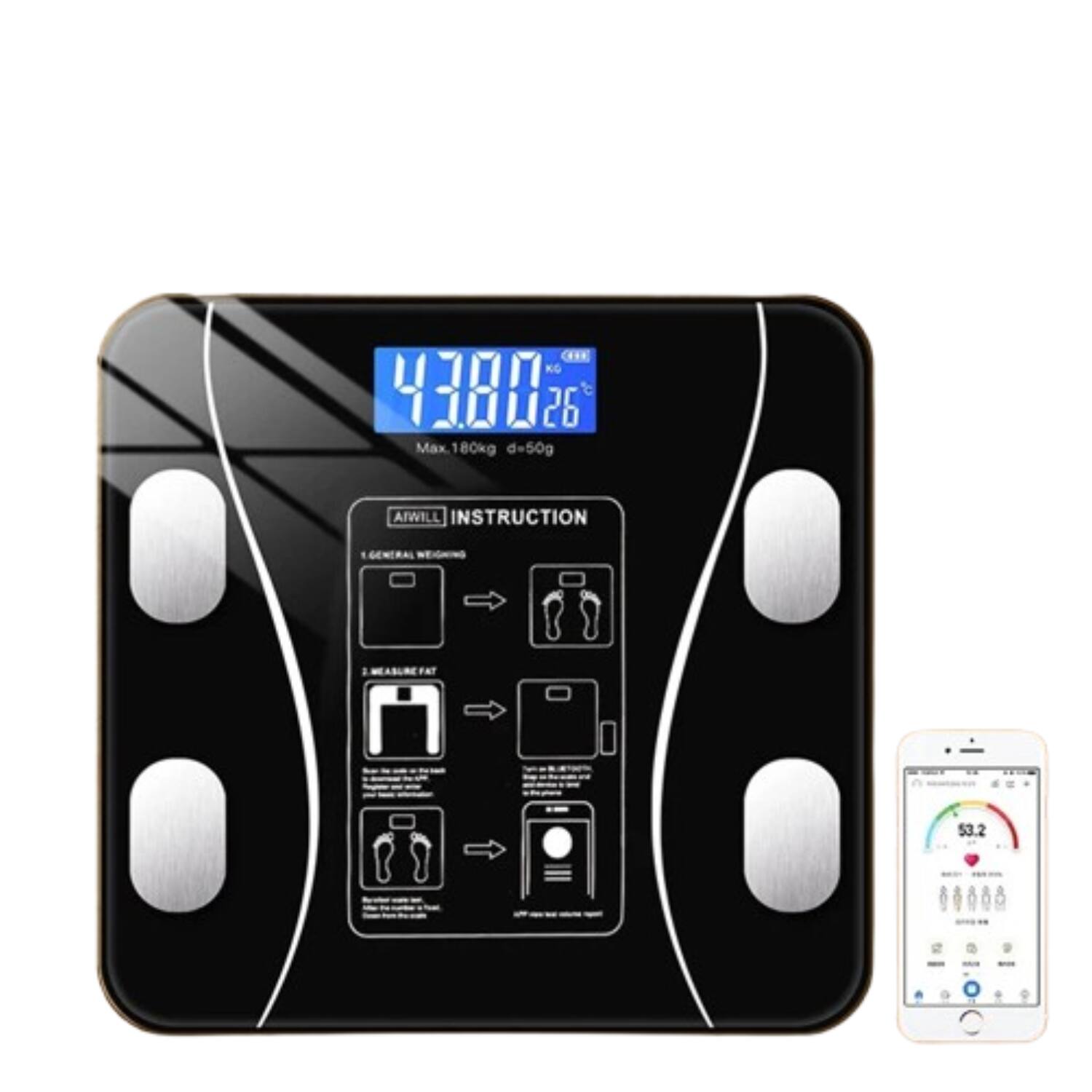 KIG 4380  
Max 180kg d=50g  
AIWILL INSTRUCTION  
GENERAL FAT 53.2  

1. GENERAL WEIGHING  
   - Step on the scale with both feet.  
   - Wait for the display to show your weight.  

2. MEASURE FAT  
   - Step on the scale with both feet.  
   - Wait for the display to show your body fat percentage.  

Max. 180kg d=50g  
26°C