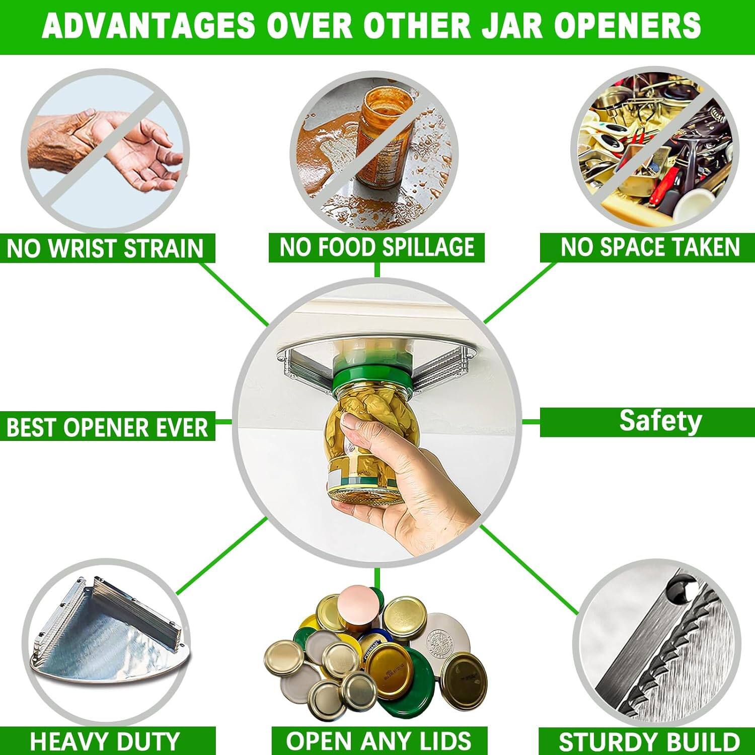 ADVANTAGES OVER OTHER JAR OPENERS

- NO WRIST STRAIN
- NO FOOD SPILLAGE
- NO SPACE TAKEN
- BEST OPENER EVER
- HEAVY DUTY
- OPEN ANY LIDS
- STURDY BUILD

Safety