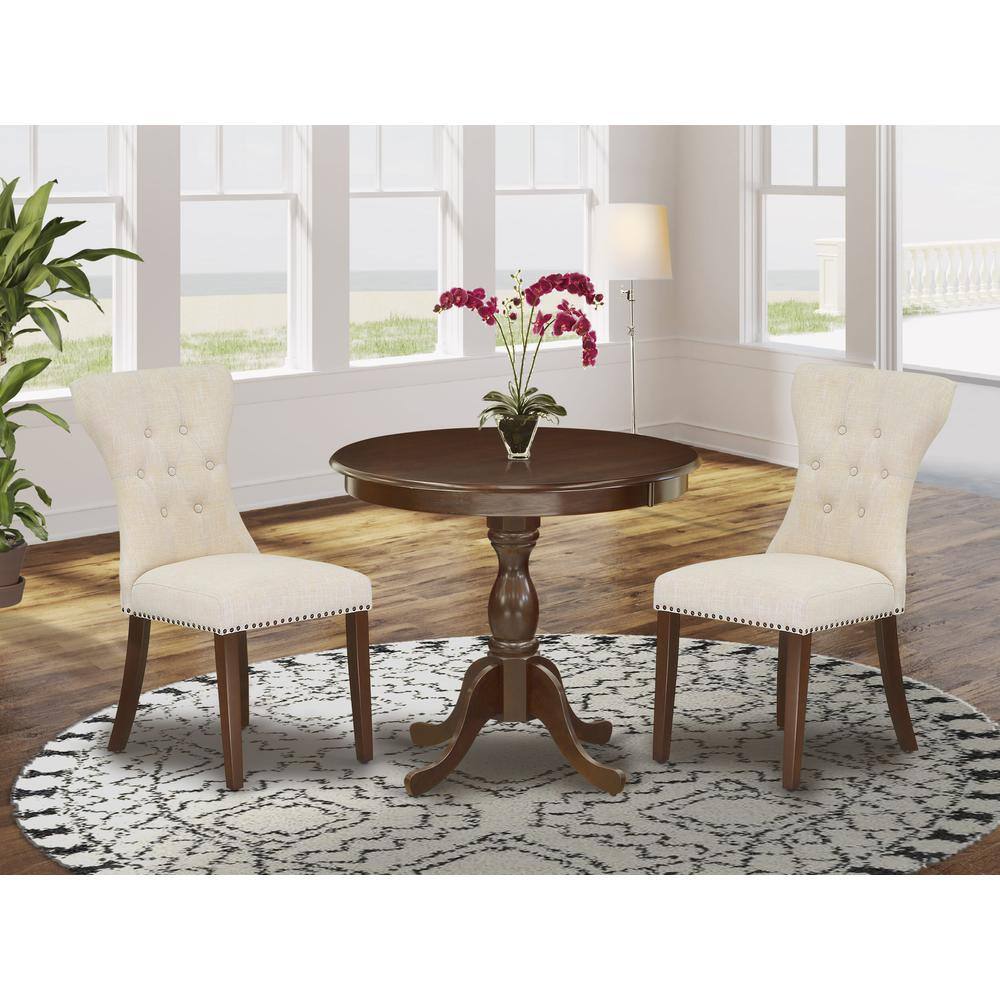 Alt View 3. East West Furniture - AMGA3-MAH-32 3 Piece Dining Set - 1 Mid Century Dining Table and 2 Light Beige Dining Chairs - Mahogany Finish - Mahogany.