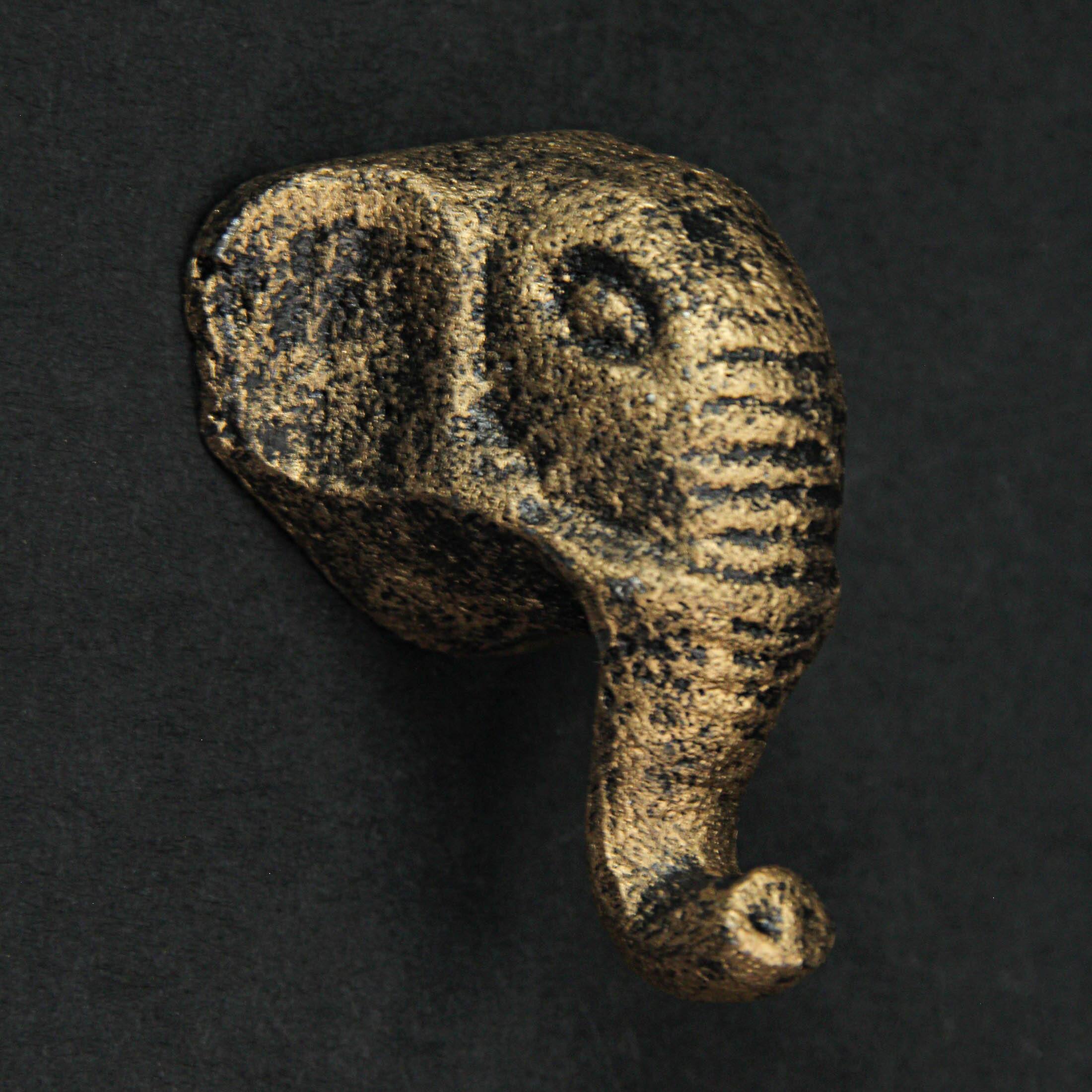 Alt View 6. Zeckos - Antique Gold Finish Cast Iron Elephant Head Cabinet Knob Drawer Pulls Set of 6 - Gold.